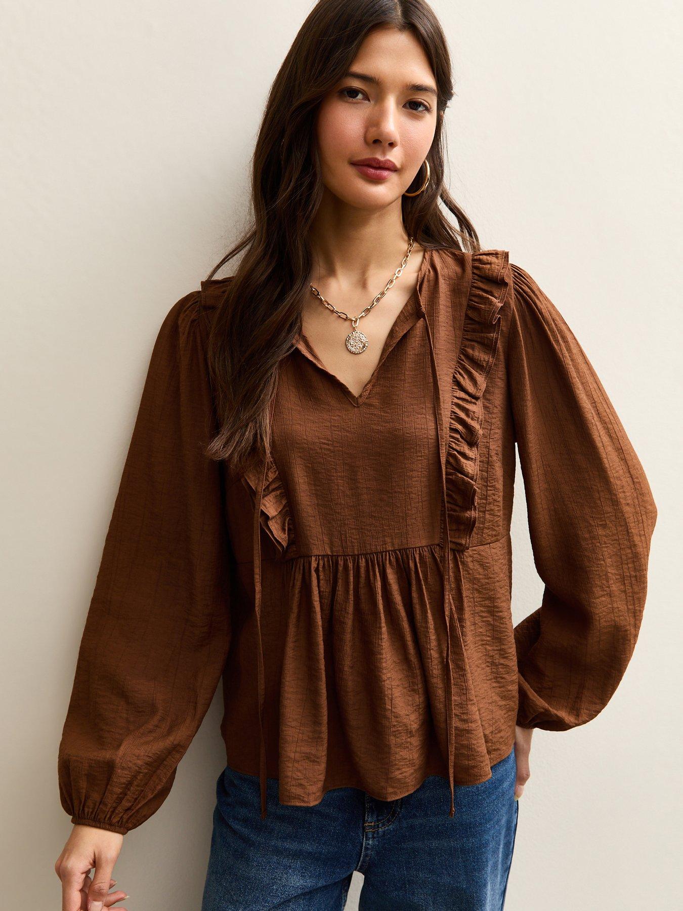  image of new-look-mid-ruffle-tie-long-sleeve-blouse-brown