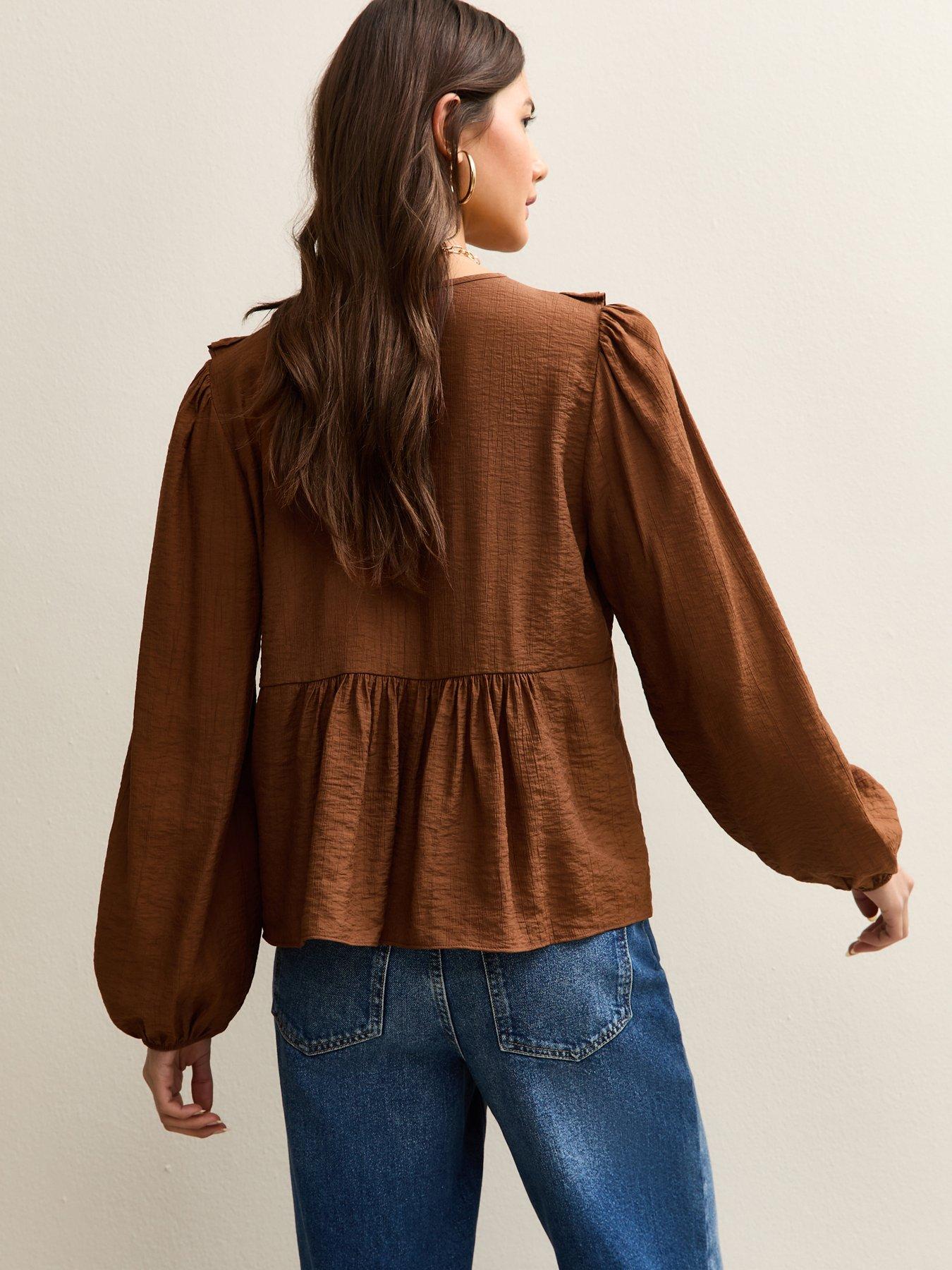  image of new-look-mid-ruffle-tie-long-sleeve-blouse-brown
