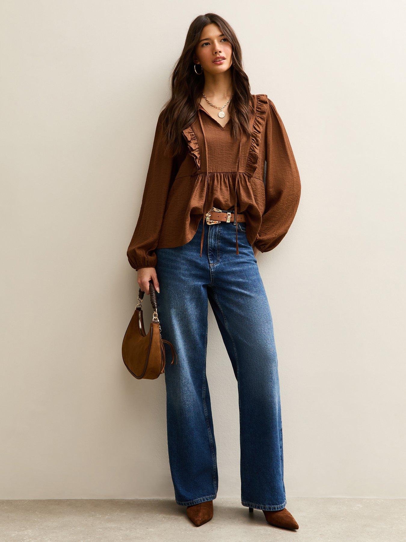  image of new-look-mid-ruffle-tie-long-sleeve-blouse-brown