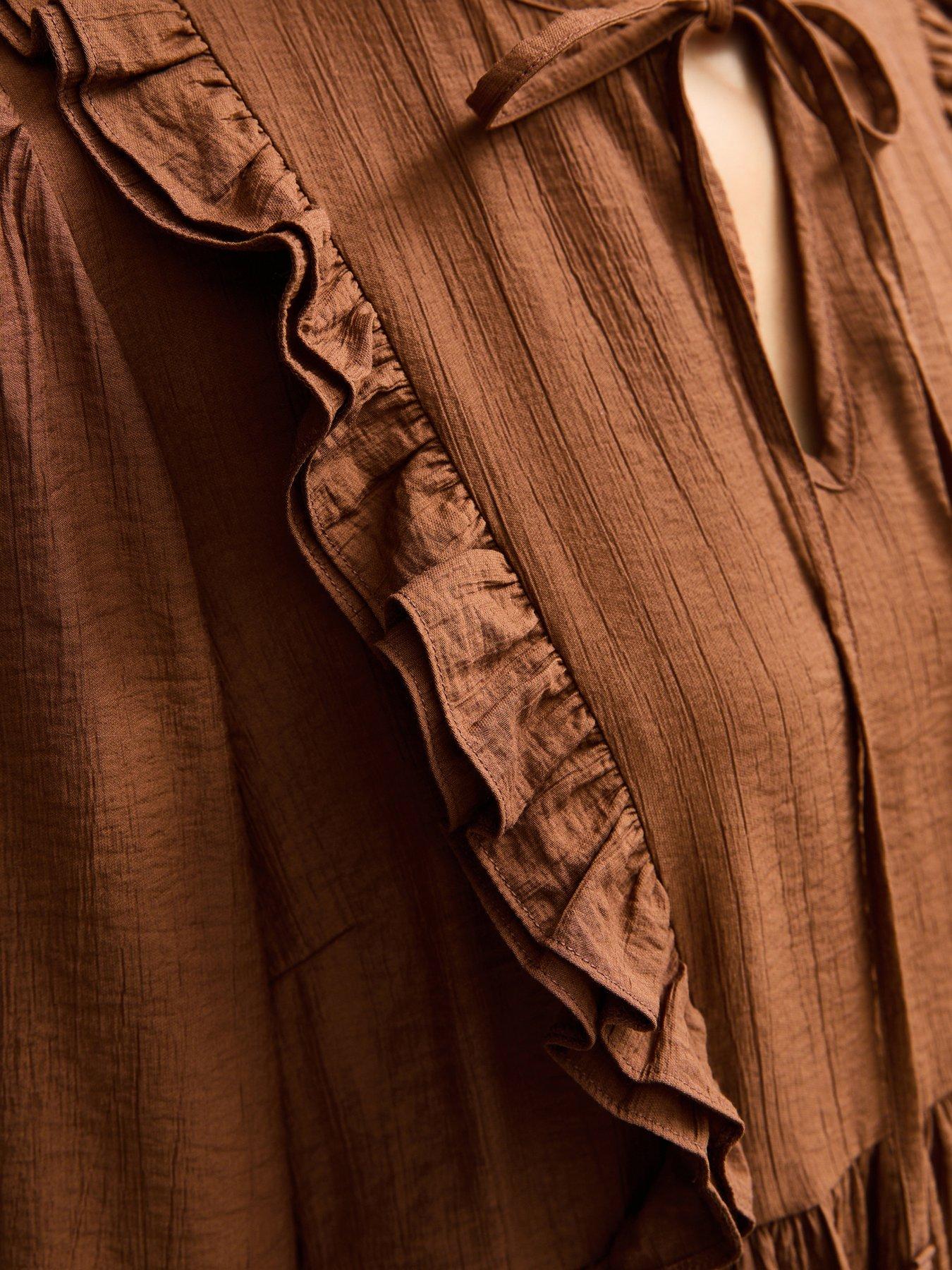  image of new-look-mid-ruffle-tie-long-sleeve-blouse-brown