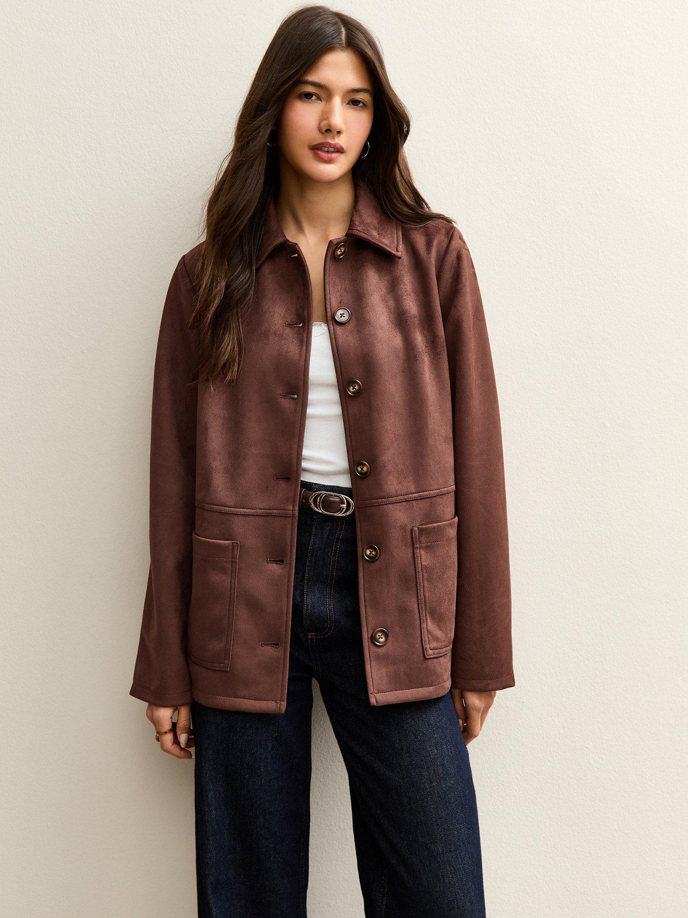 Image 1 of 7 of New Look Faux Suede Button Front Jacket - Dark Brown