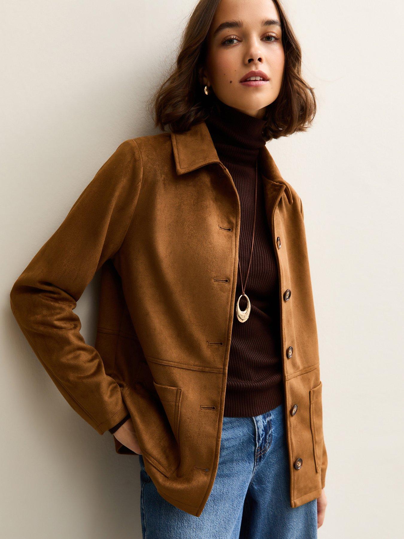  image of new-look-faux-suede-button-front-jacket-tan