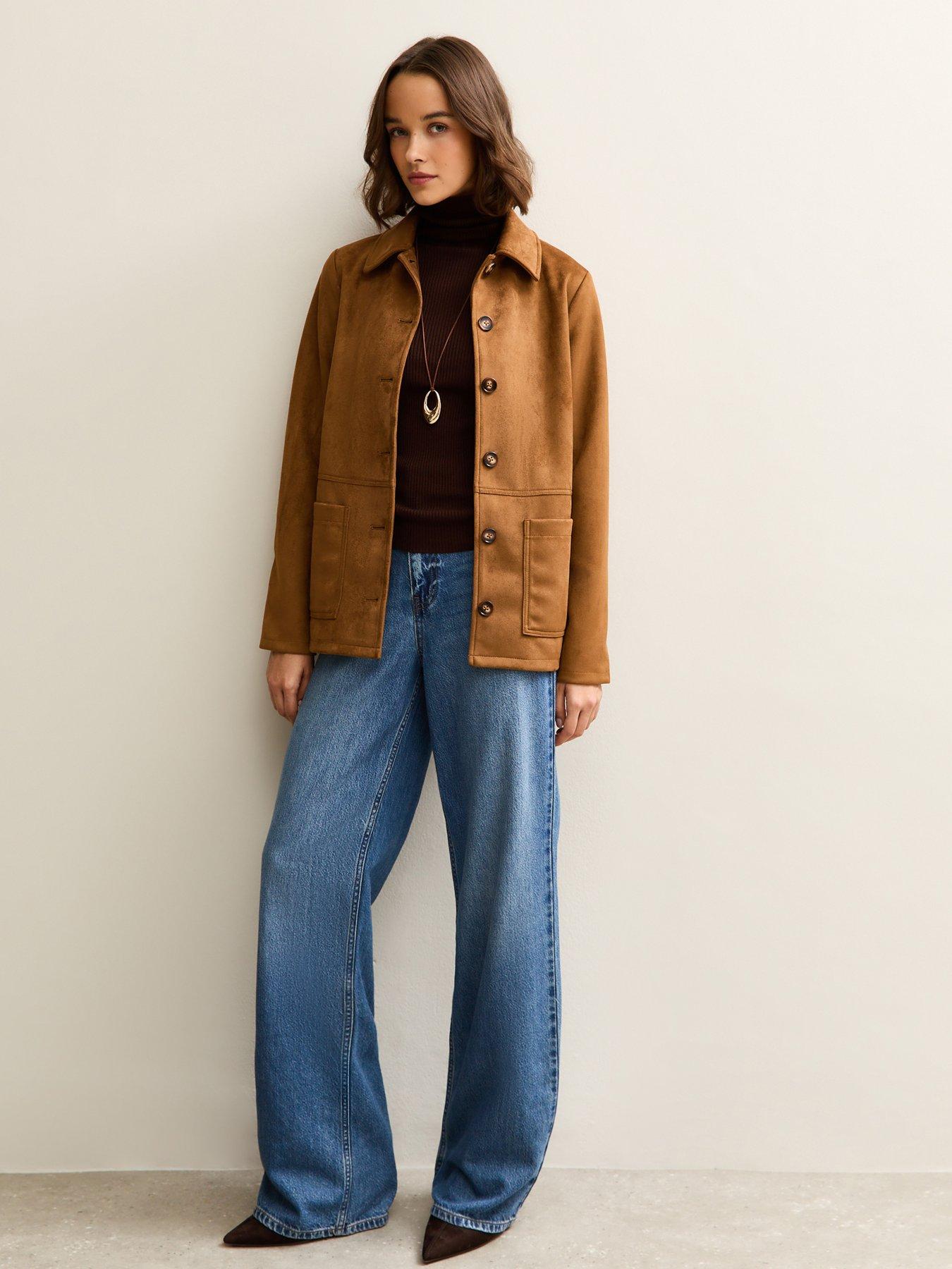  image of new-look-faux-suede-button-front-jacket-tan