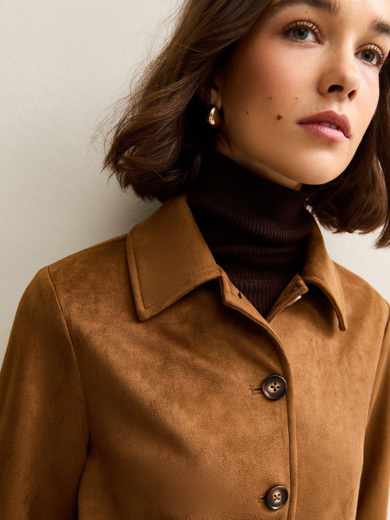  image of new-look-faux-suede-button-front-jacket-tan