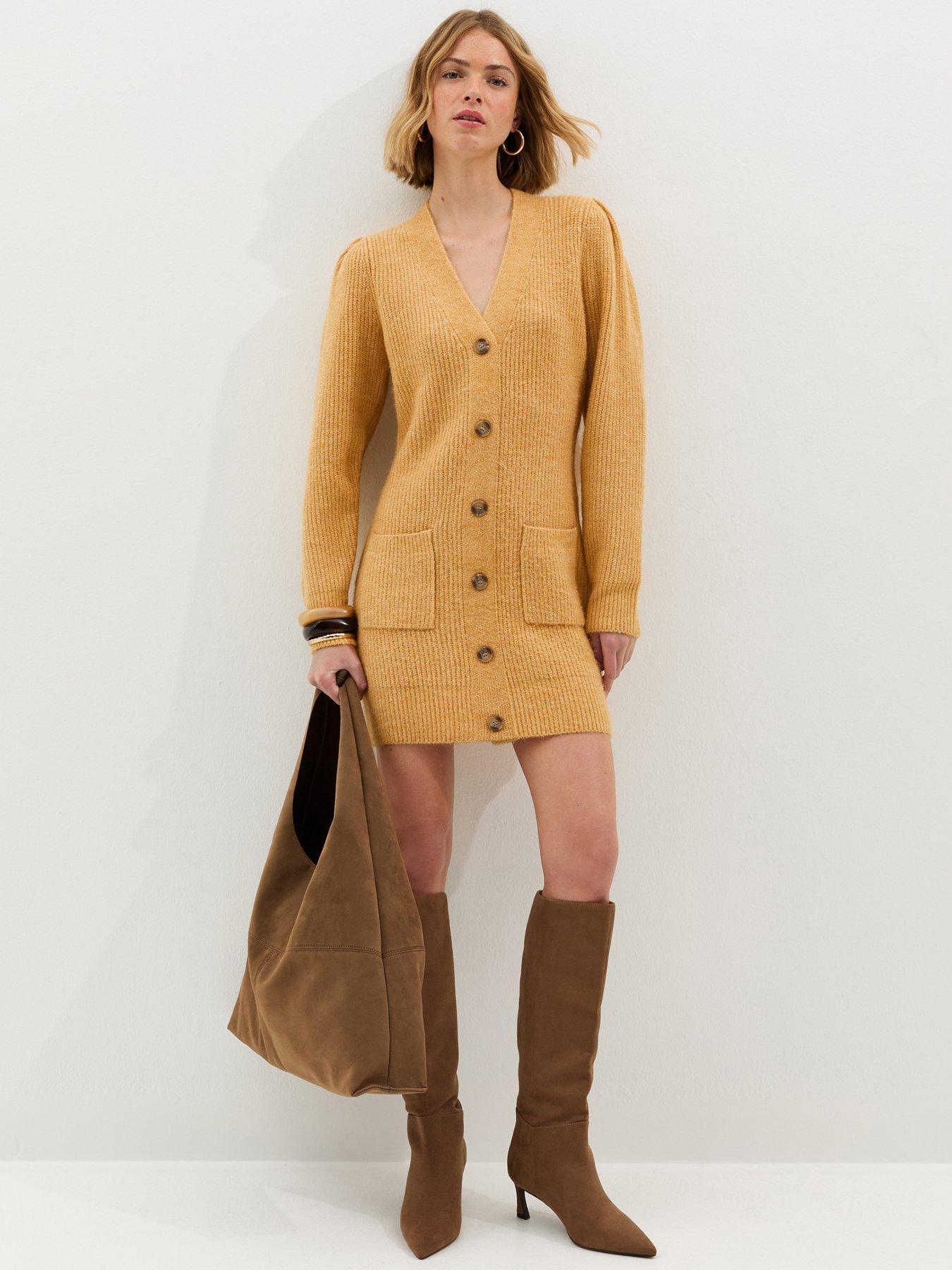 Image 1 of 6 of New Look Stitchy Knit Button Front Mini Dress - Light Yellow