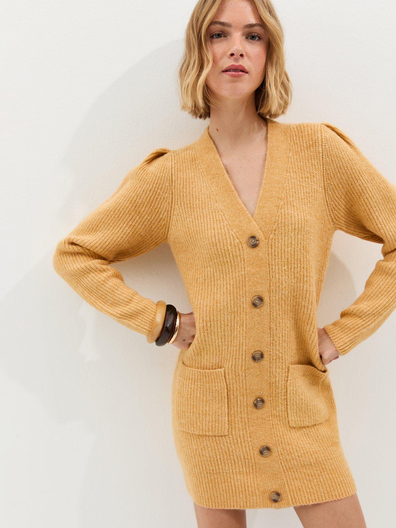 Image 4 of 6 of New Look Stitchy Knit Button Front Mini Dress - Light Yellow