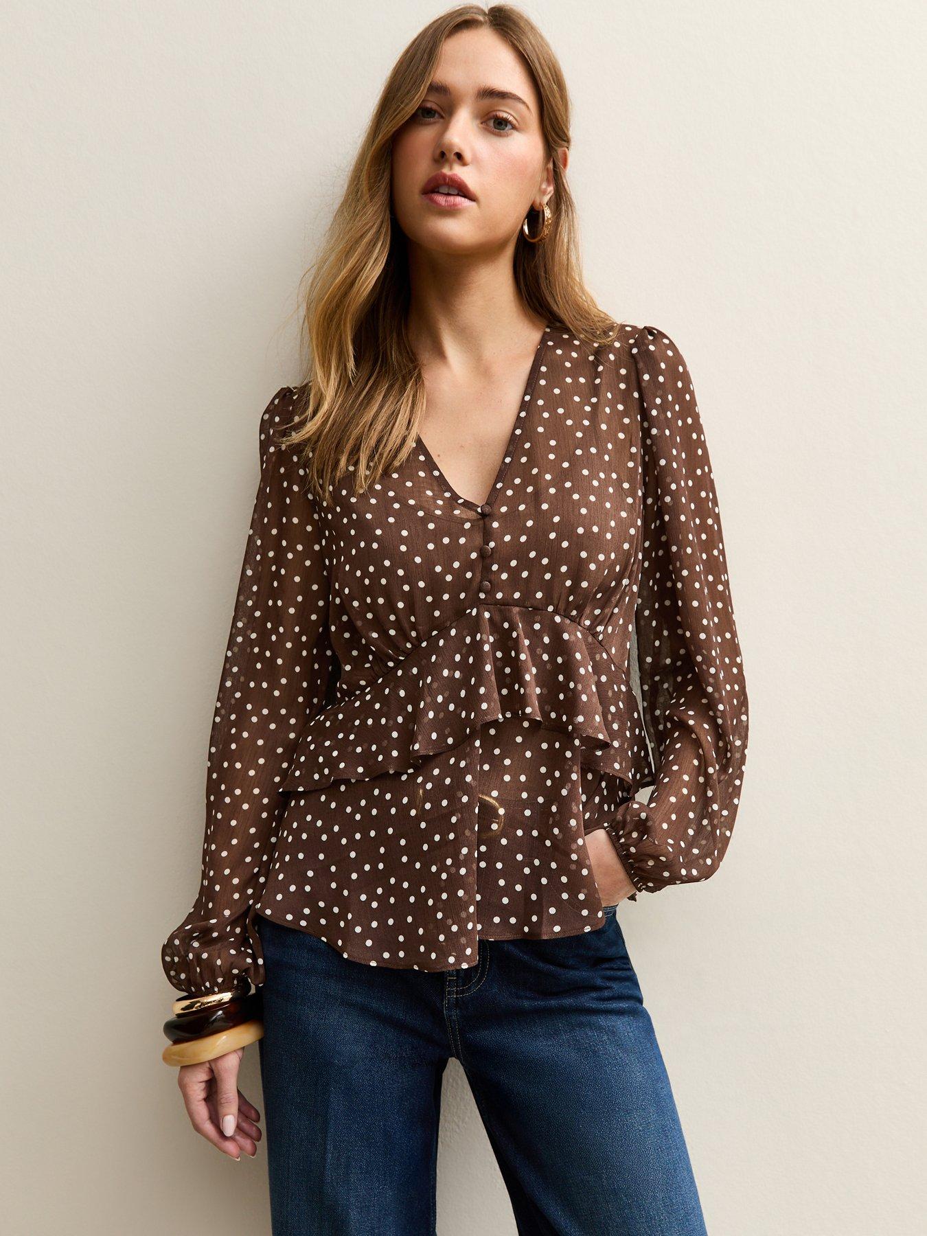 New Look Polka Dot V- Neck Chiffon Tea Blouse - Dark Brown