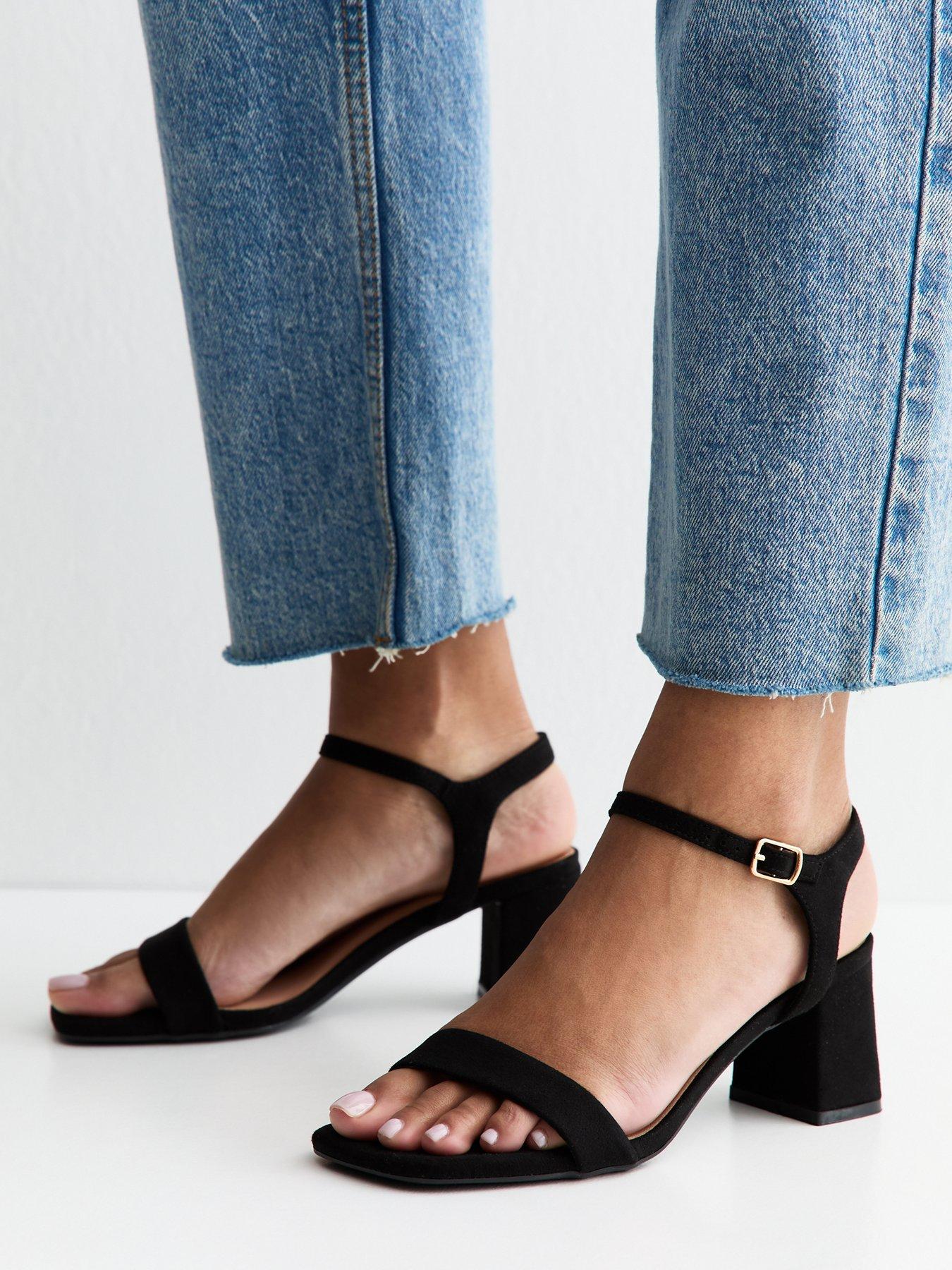 Image 1 of 5 of New Look Black Faux Suede Square Toe Block Heel Sandals - Black