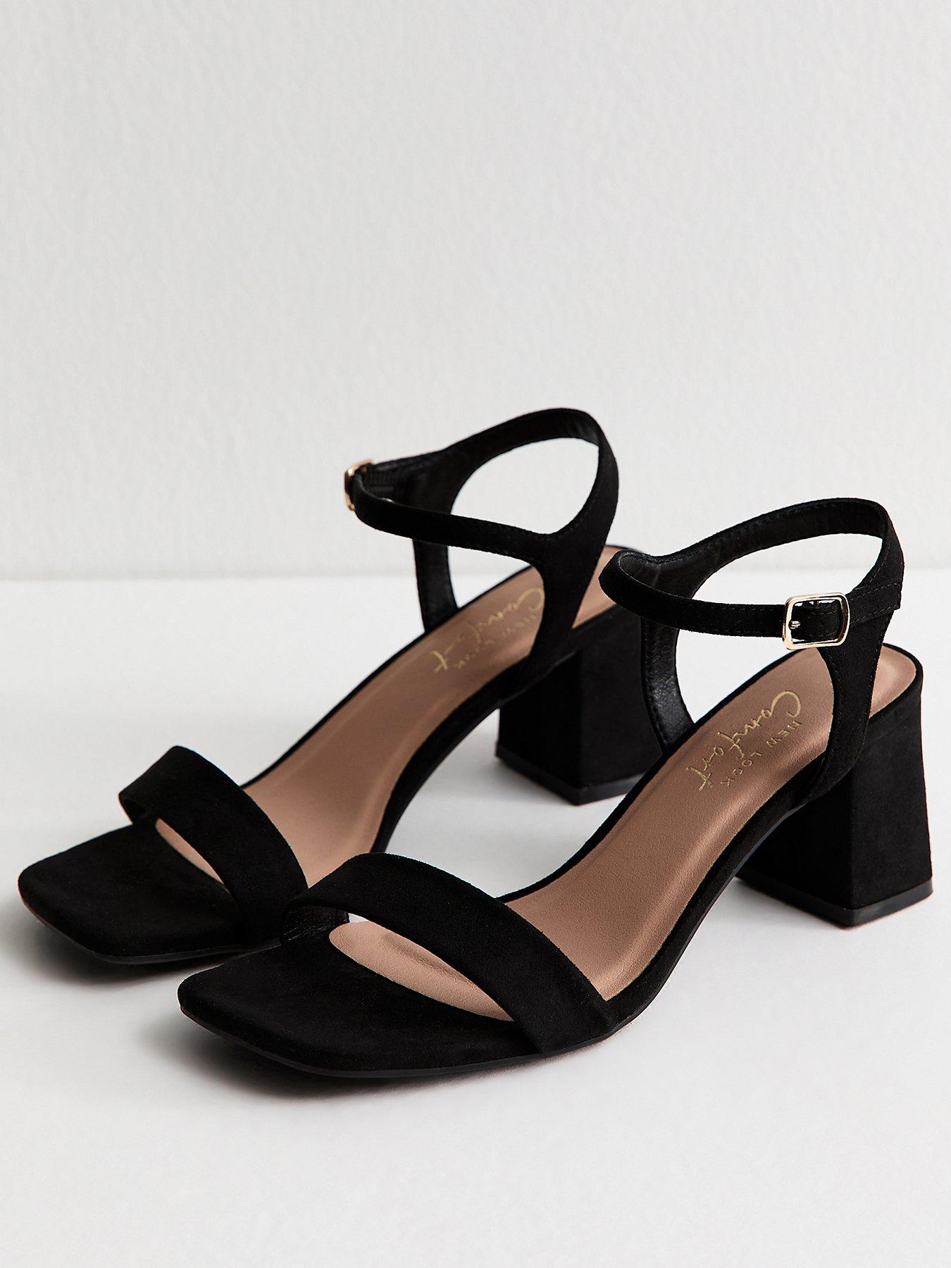 Image 3 of 5 of New Look Black Faux Suede Square Toe Block Heel Sandals - Black