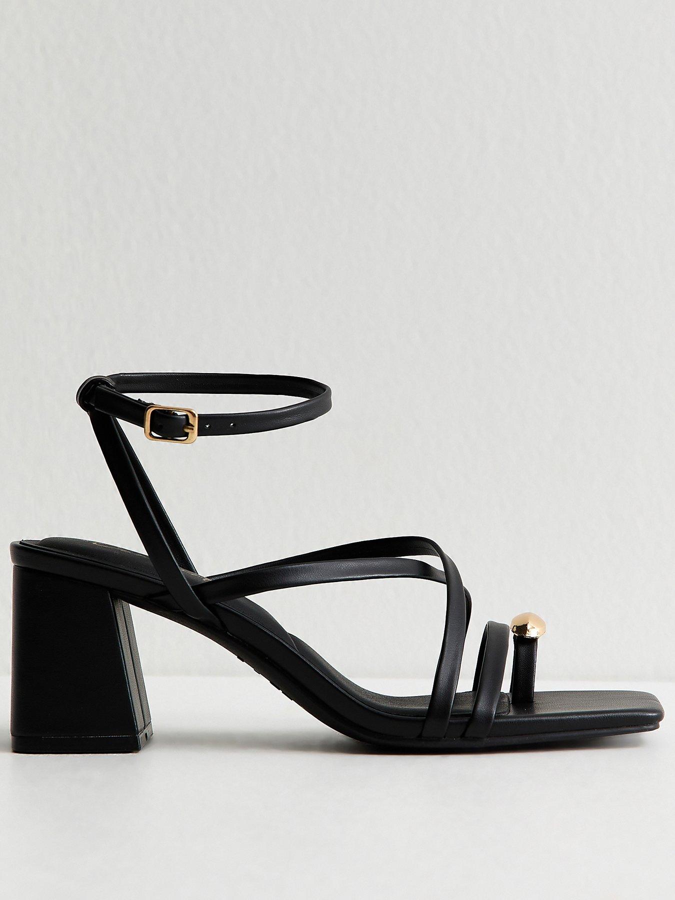 New Look Black Faux Leather Metal Toe Loop Block Heel Sandals | Littlewoods
