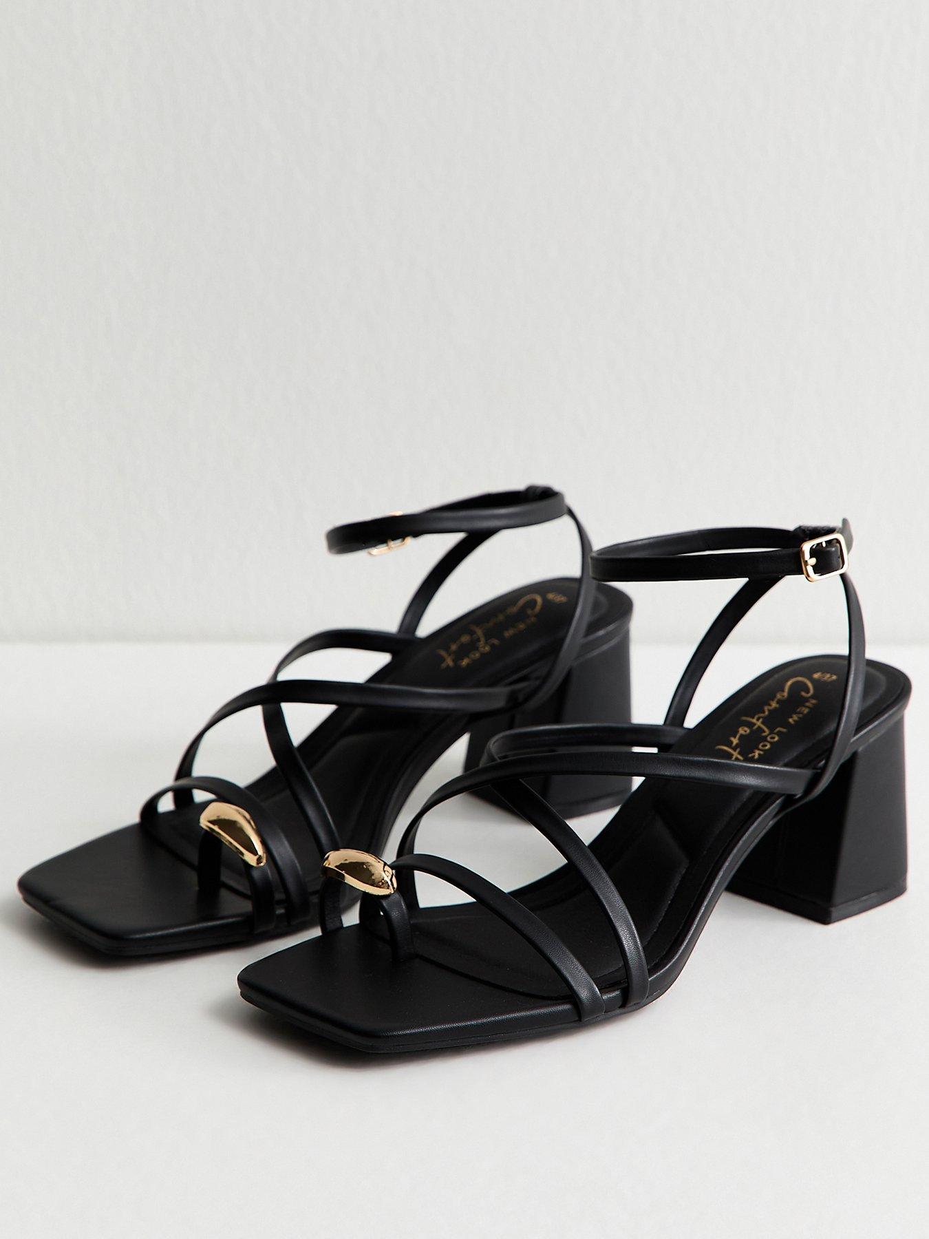 New Look Black Faux Leather Metal Toe Loop Block Heel Sandals | Littlewoods