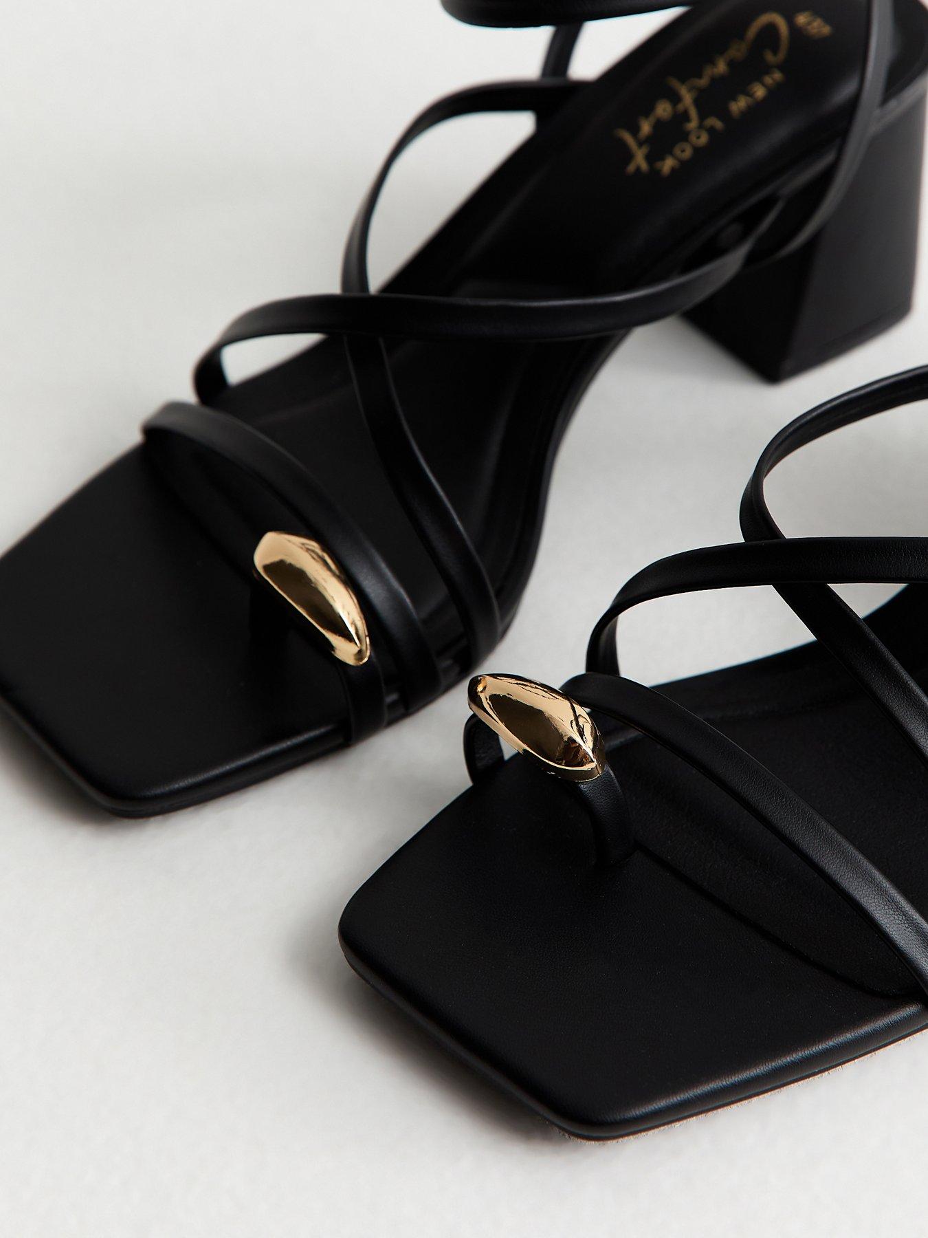 New Look Black Faux Leather Metal Toe Loop Block Heel Sandals | Littlewoods