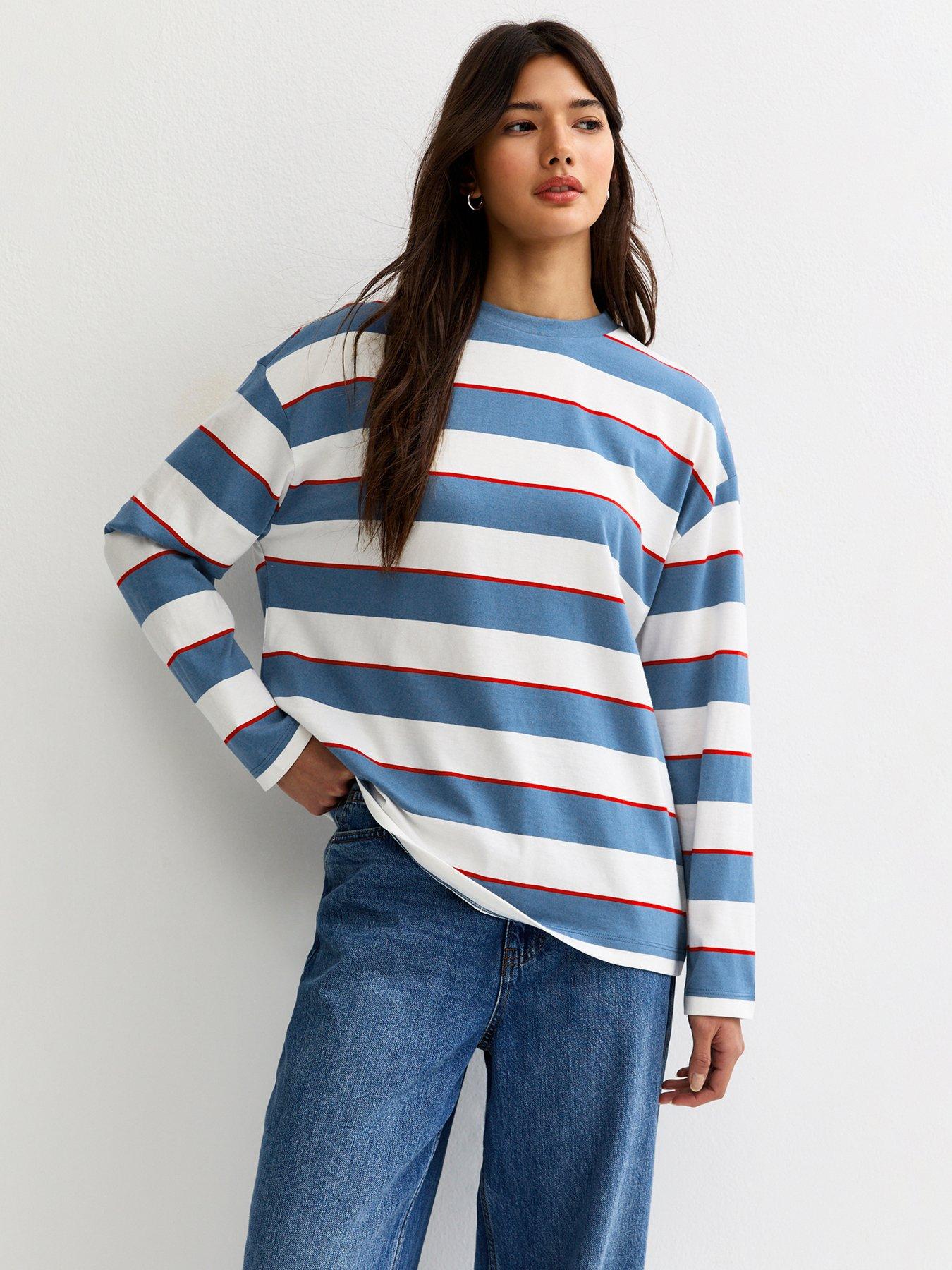 New Look Blue Striped Long Sleeve Skater T-Shirt - White