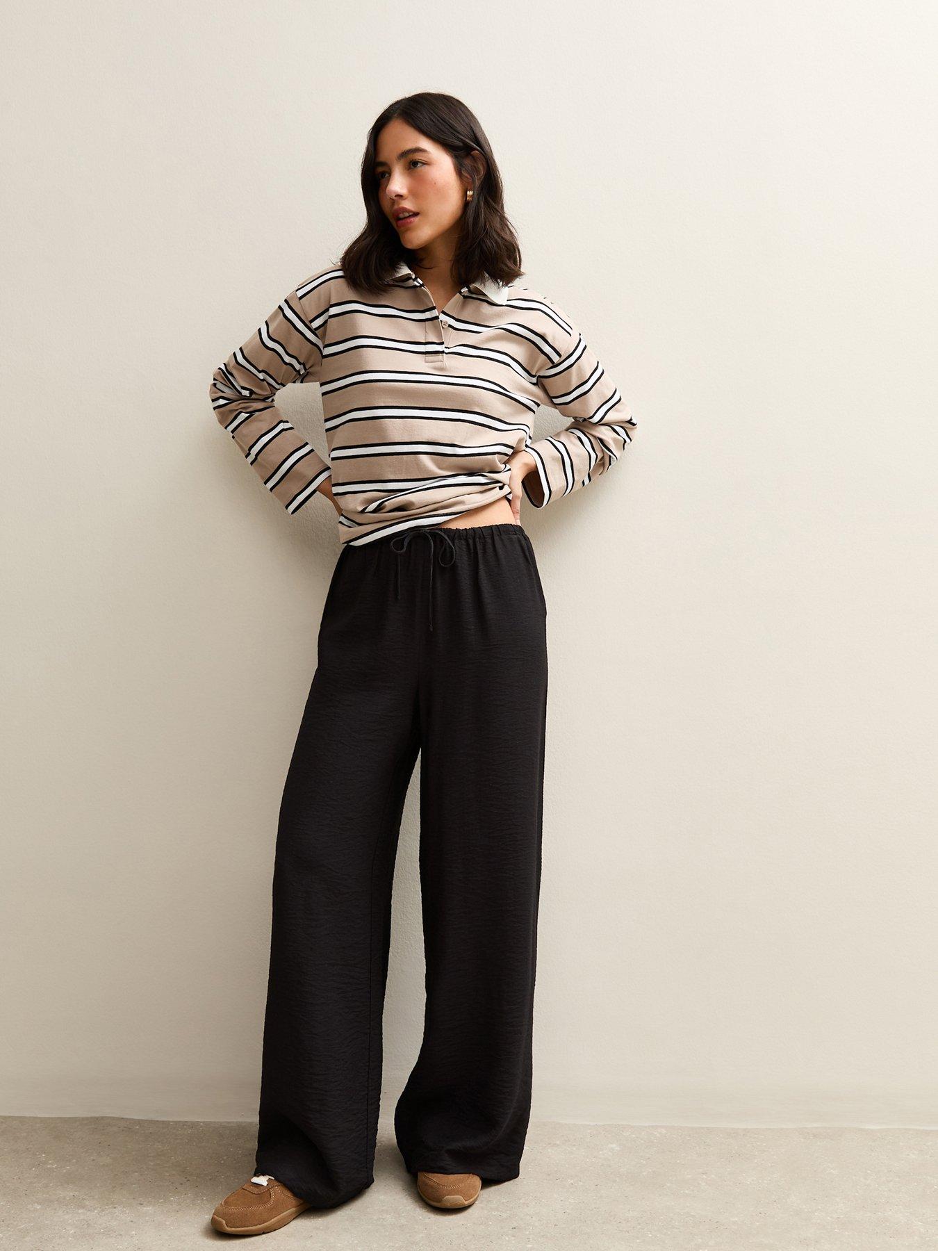 New Look Drawstring Waist Wide Leg Trousers - Black