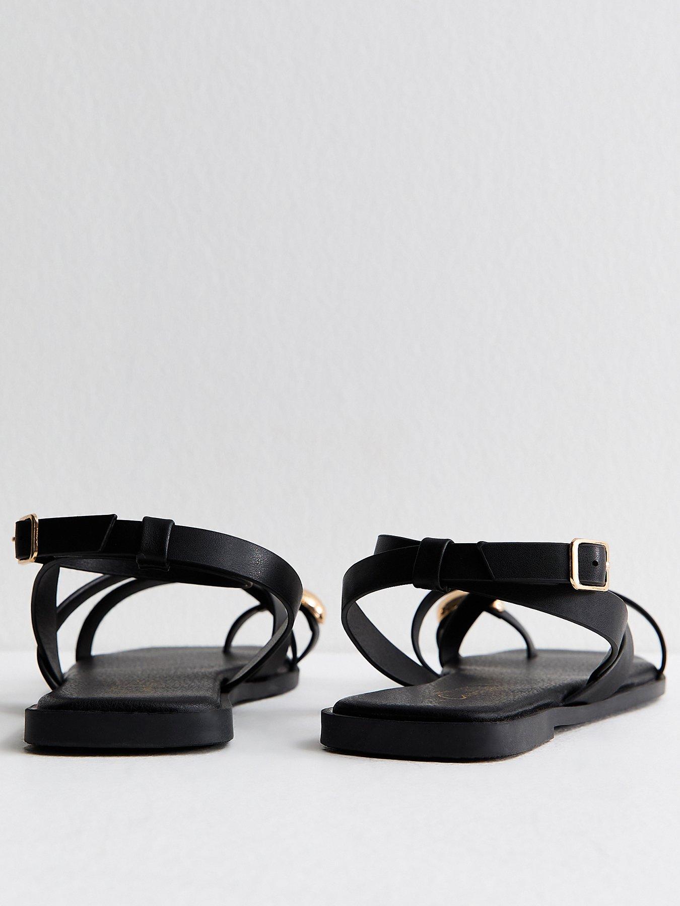 New Look Black Faux Leather Multi Strap Toe Ring Flat Sandals | Littlewoods