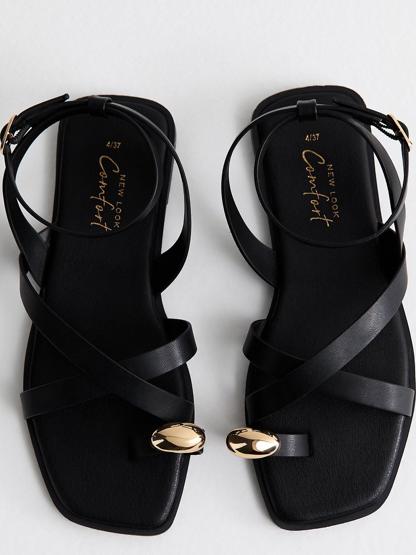 New Look Black Faux Leather Multi Strap Toe Ring Flat Sandals | Littlewoods