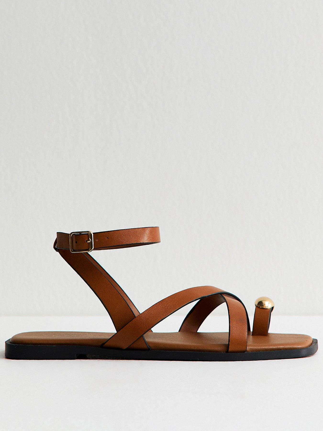  image of new-look-tan-faux-leather-multi-strap-toe-ring-flat-sandals