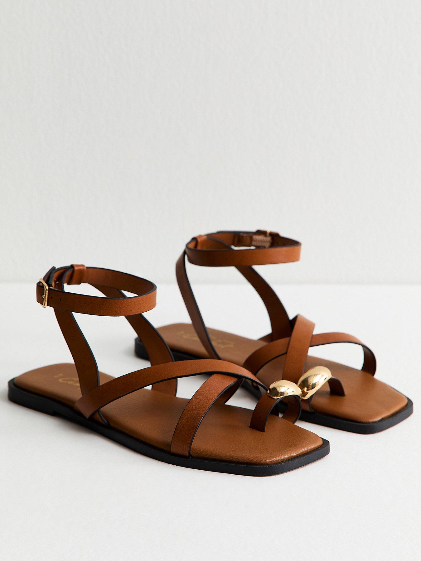  image of new-look-tan-faux-leather-multi-strap-toe-ring-flat-sandals