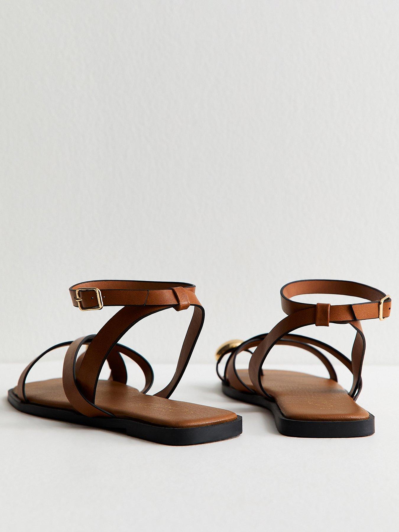  image of new-look-tan-faux-leather-multi-strap-toe-ring-flat-sandals