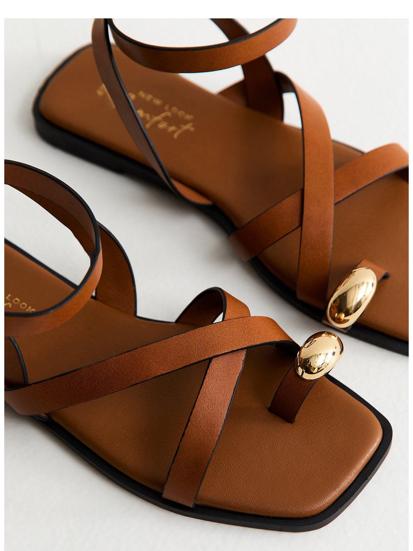  image of new-look-tan-faux-leather-multi-strap-toe-ring-flat-sandals