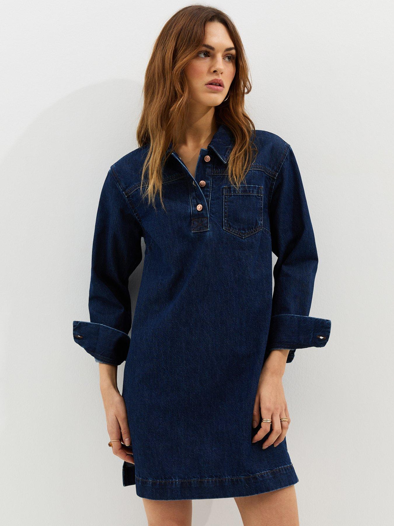 New Look Denim Long Sleeve Mini Shirt Dress - Blue