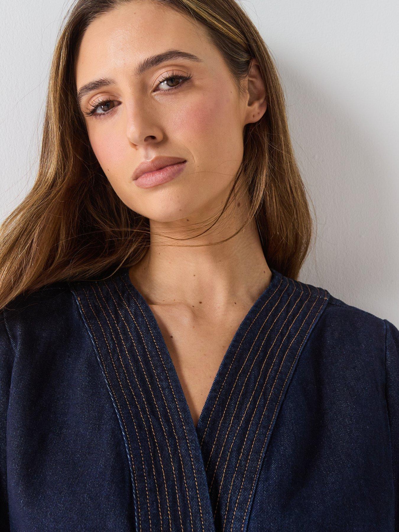  image of aware-awsakura-long-sleeve-belt-wrap-denim-shirt-blue