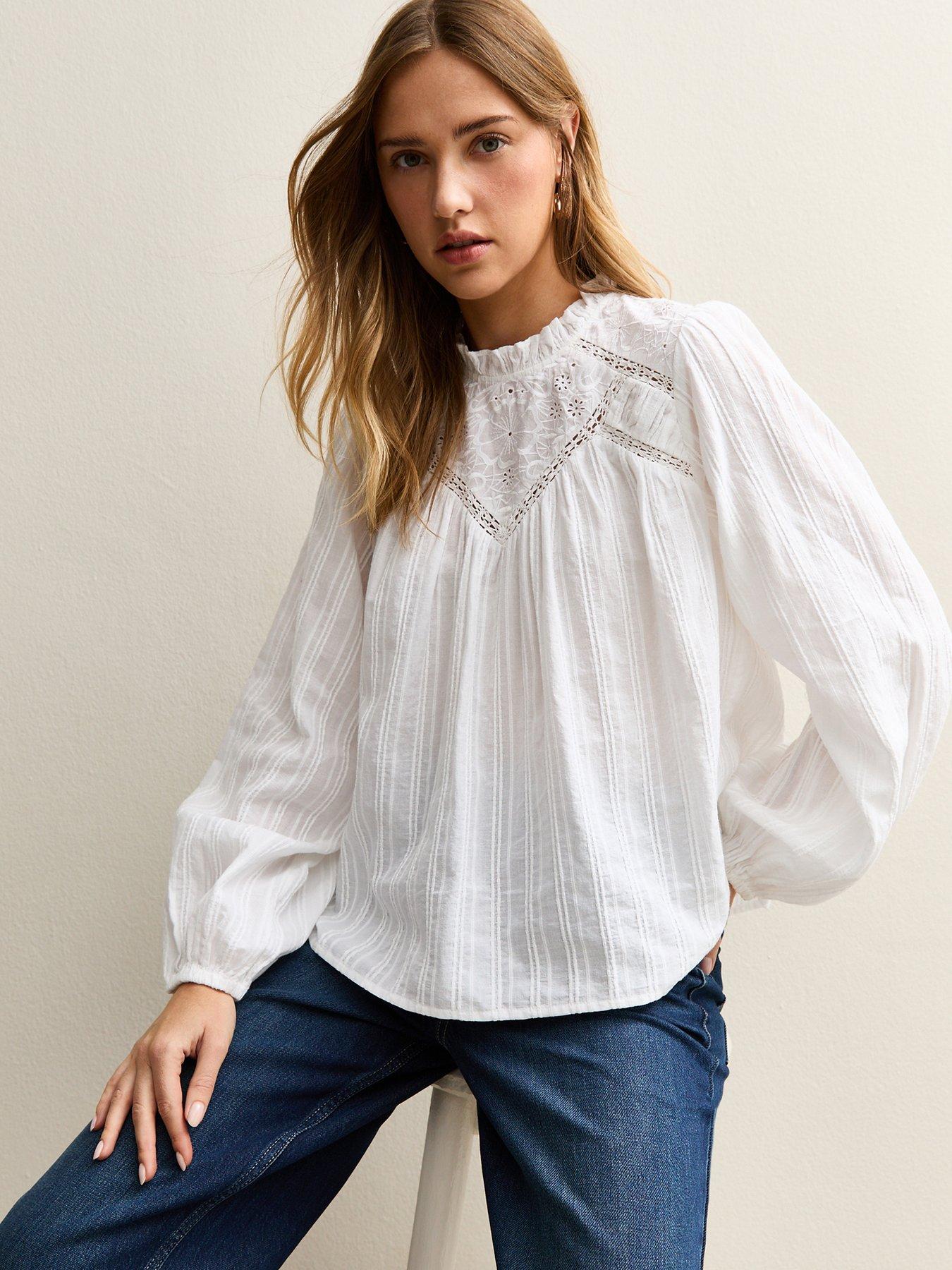 Image 1 of 5 of New Look Embroidered Long Sleeve Blouse - White
