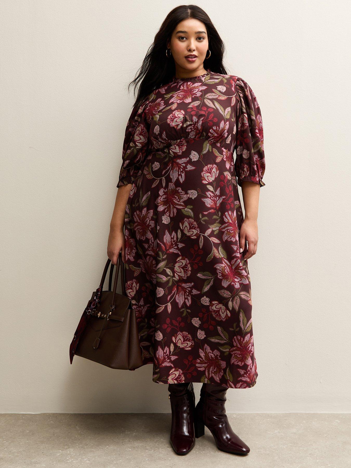 New Look Curves Floral Cropped Sleeve Midi Dress - Burgundy