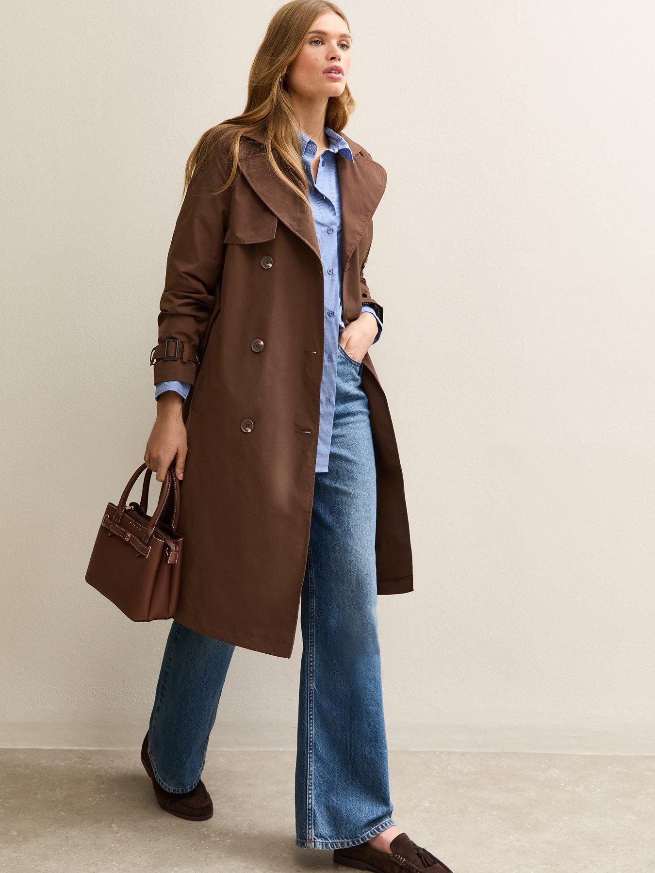  image of new-look-double-breasted-trench-coat-dark-brown