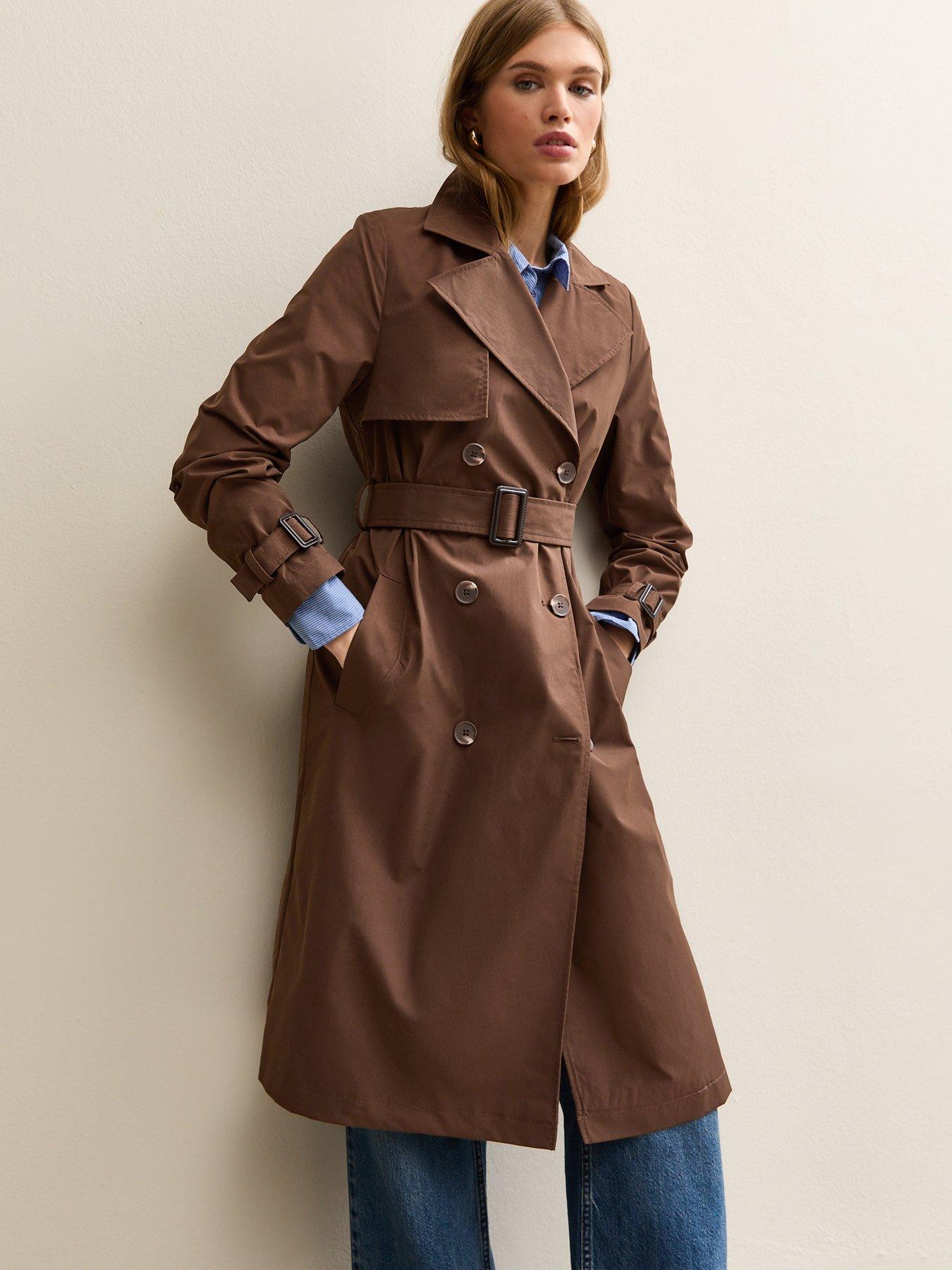  image of new-look-double-breasted-trench-coat-dark-brown
