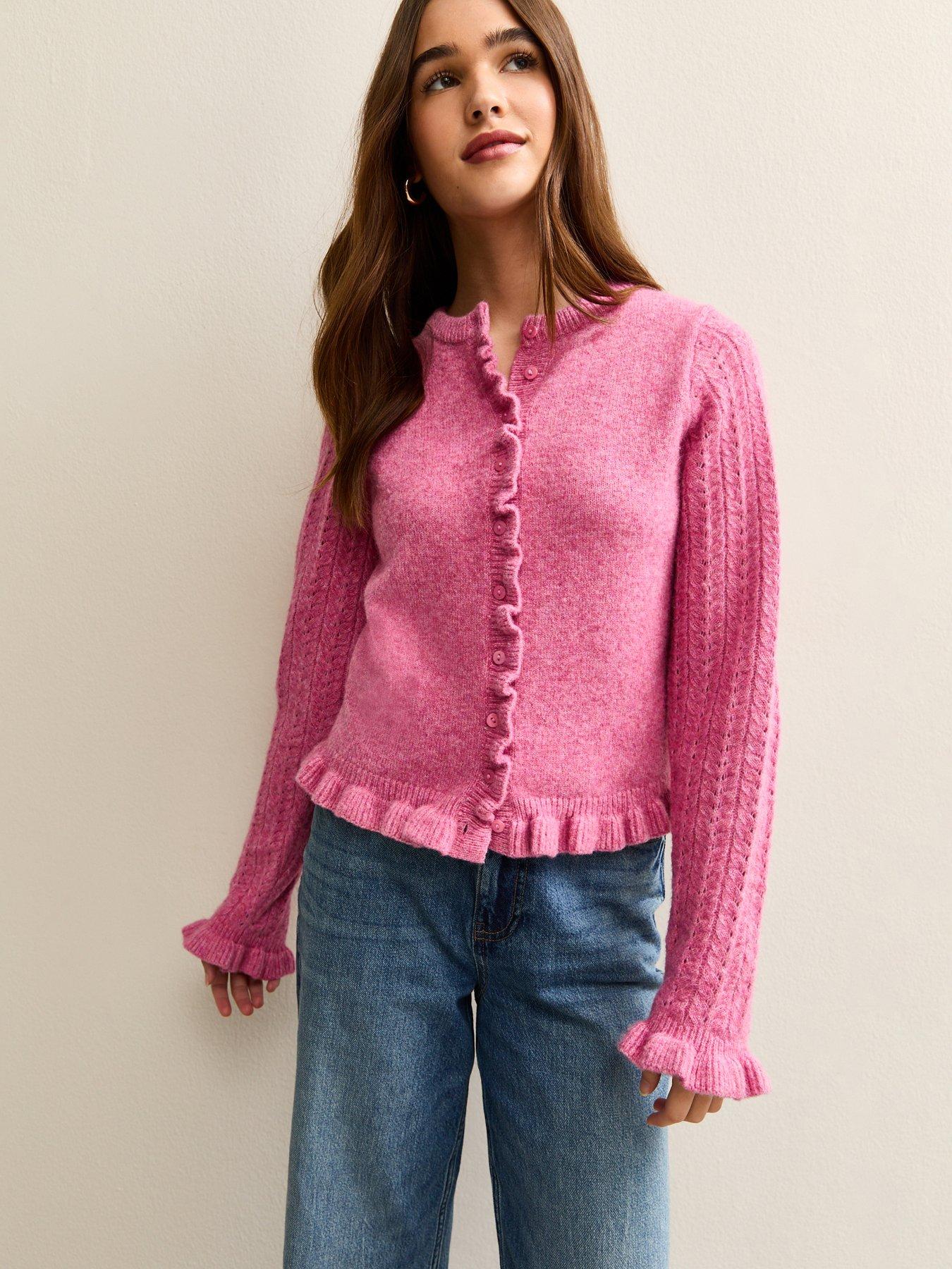 New Look Frilly Button Front Cardigan - Pink