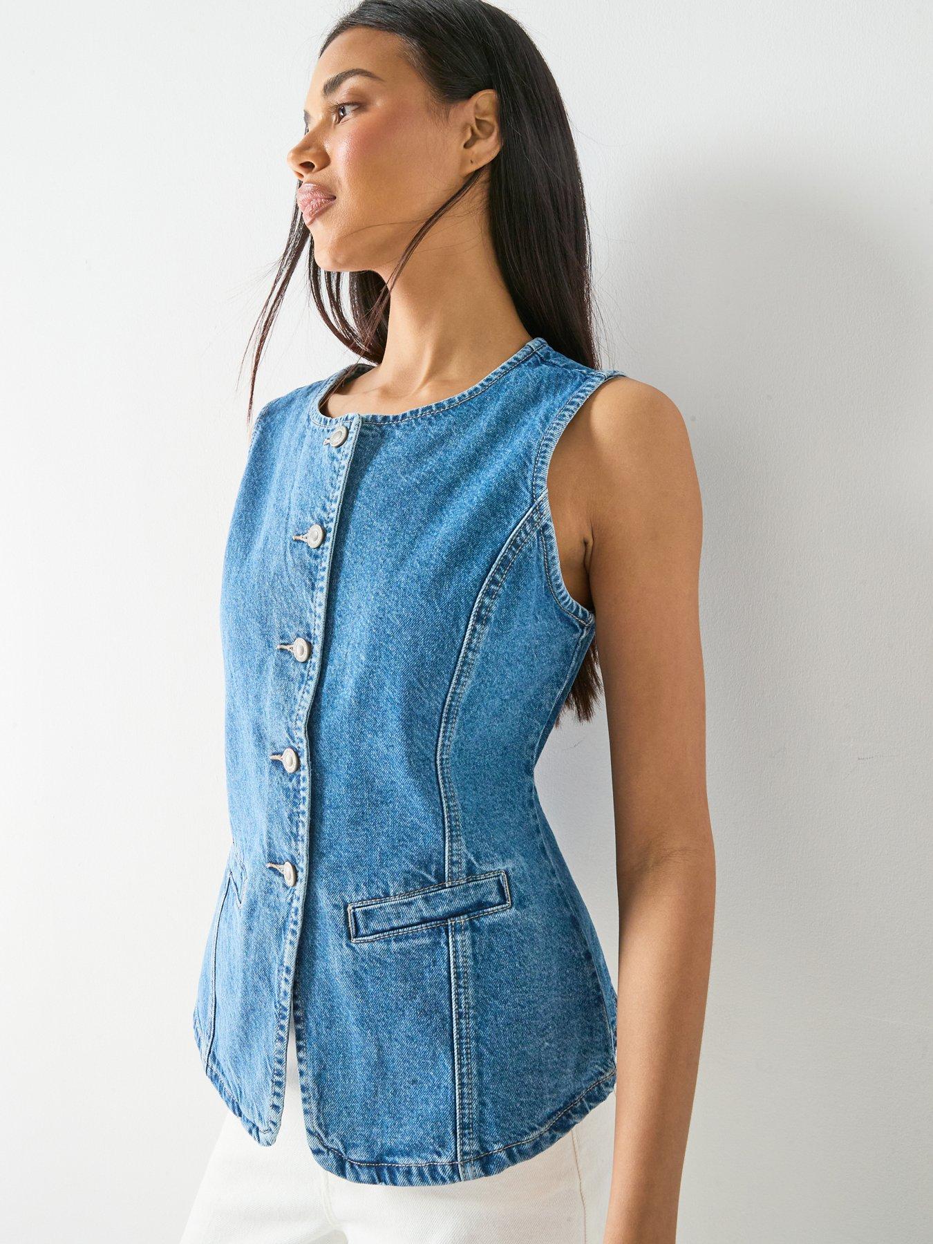  image of only-giulina-sleeveless-button-front-waistcoat-blue