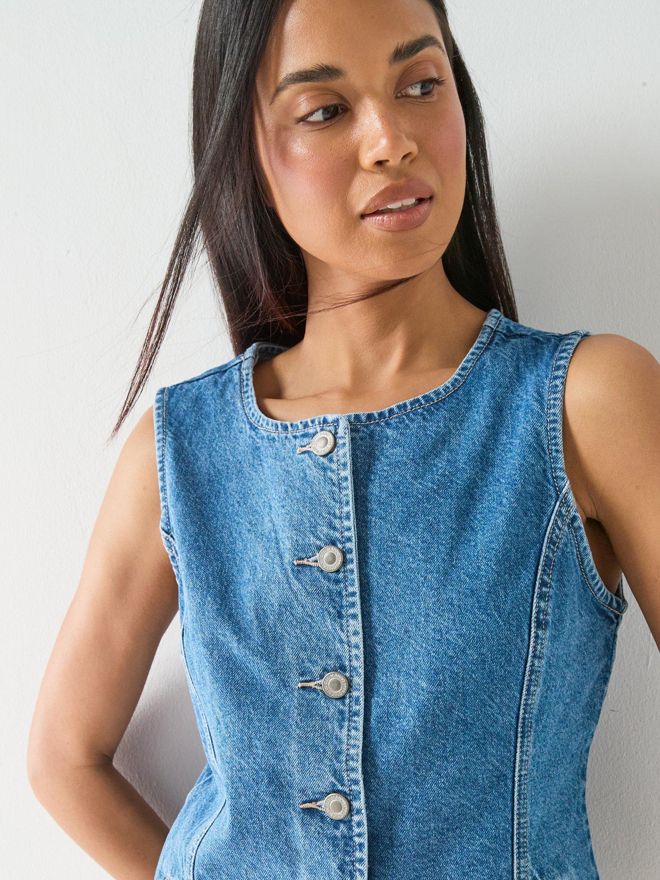  image of only-giulina-sleeveless-button-front-waistcoat-blue