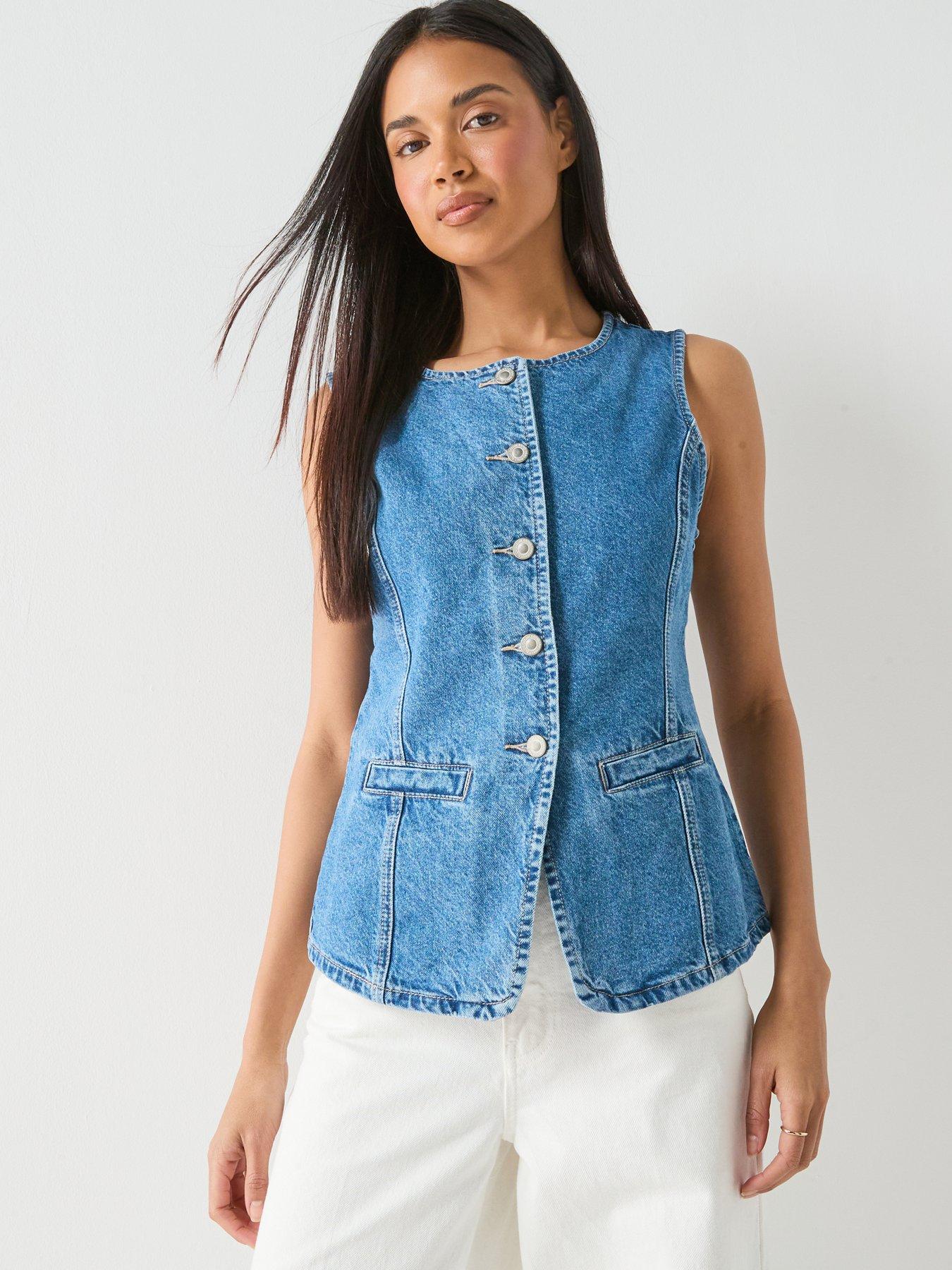  image of only-giulina-sleeveless-button-front-waistcoat-blue
