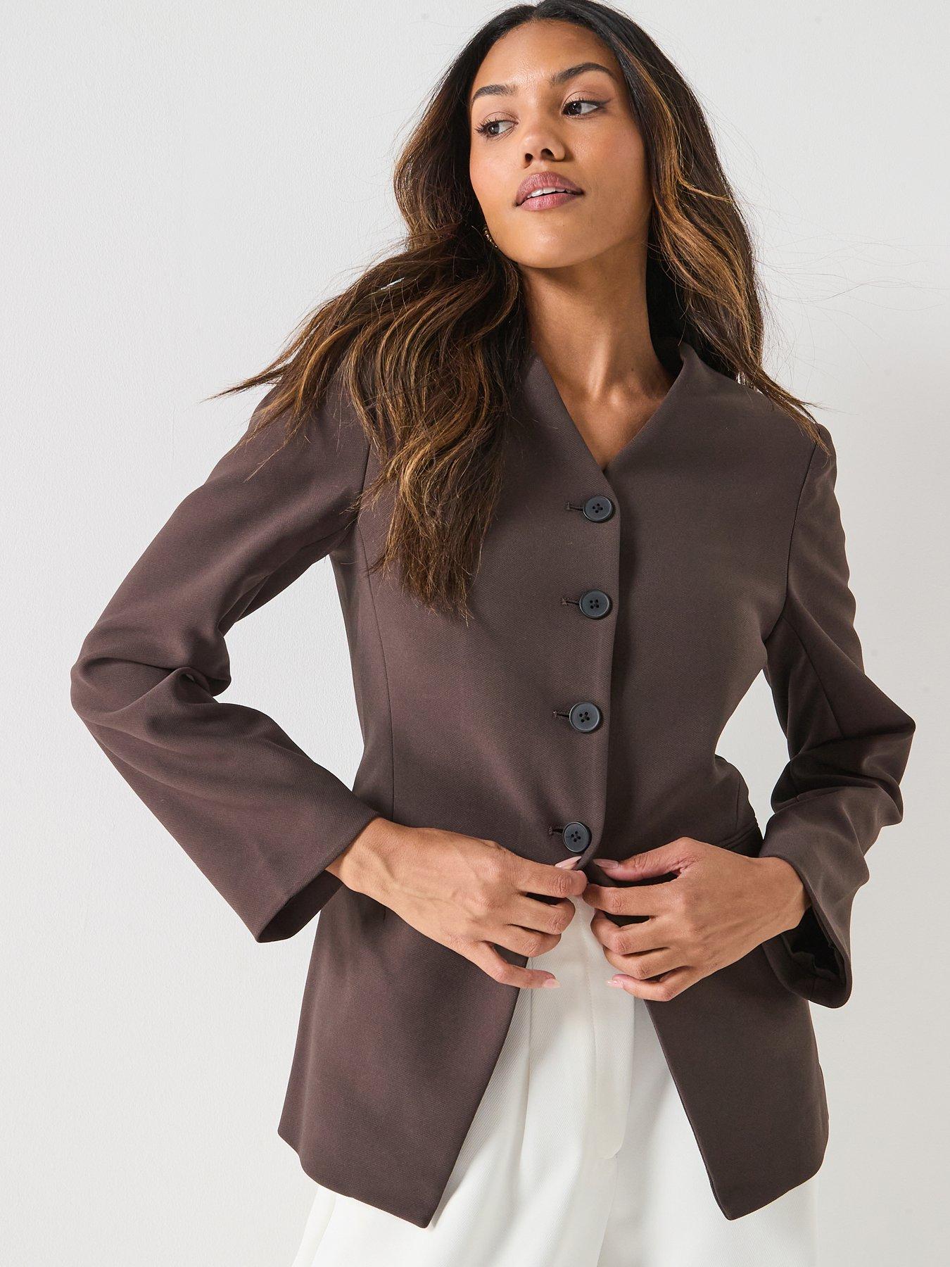  image of only-lamina-long-sleeve-button-front-blazer-brown