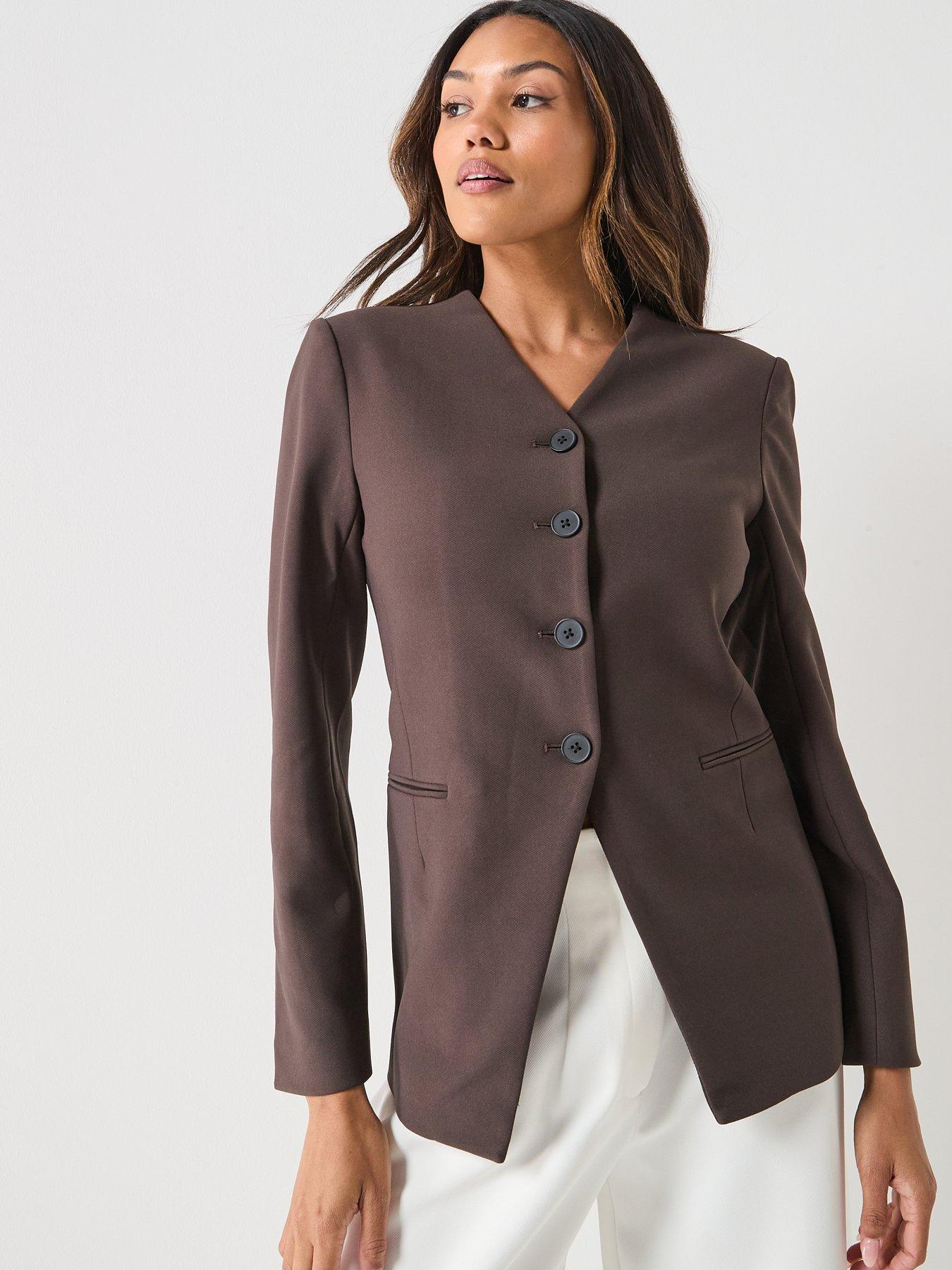  image of only-lamina-long-sleeve-button-front-blazer-brown