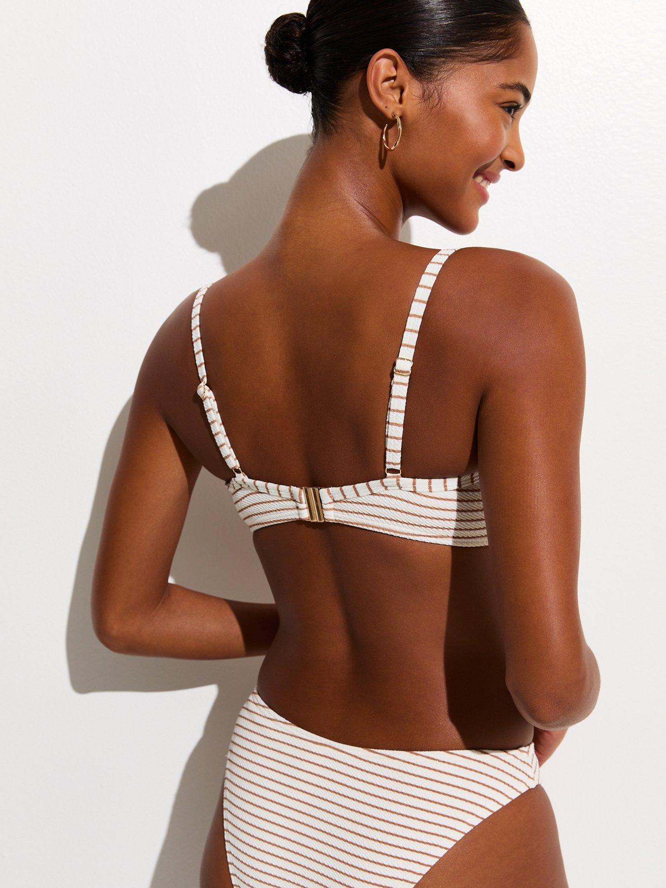 Image 2 of 6 of New Look Striped Crinkled O Ring Bikini Top - White/Brown