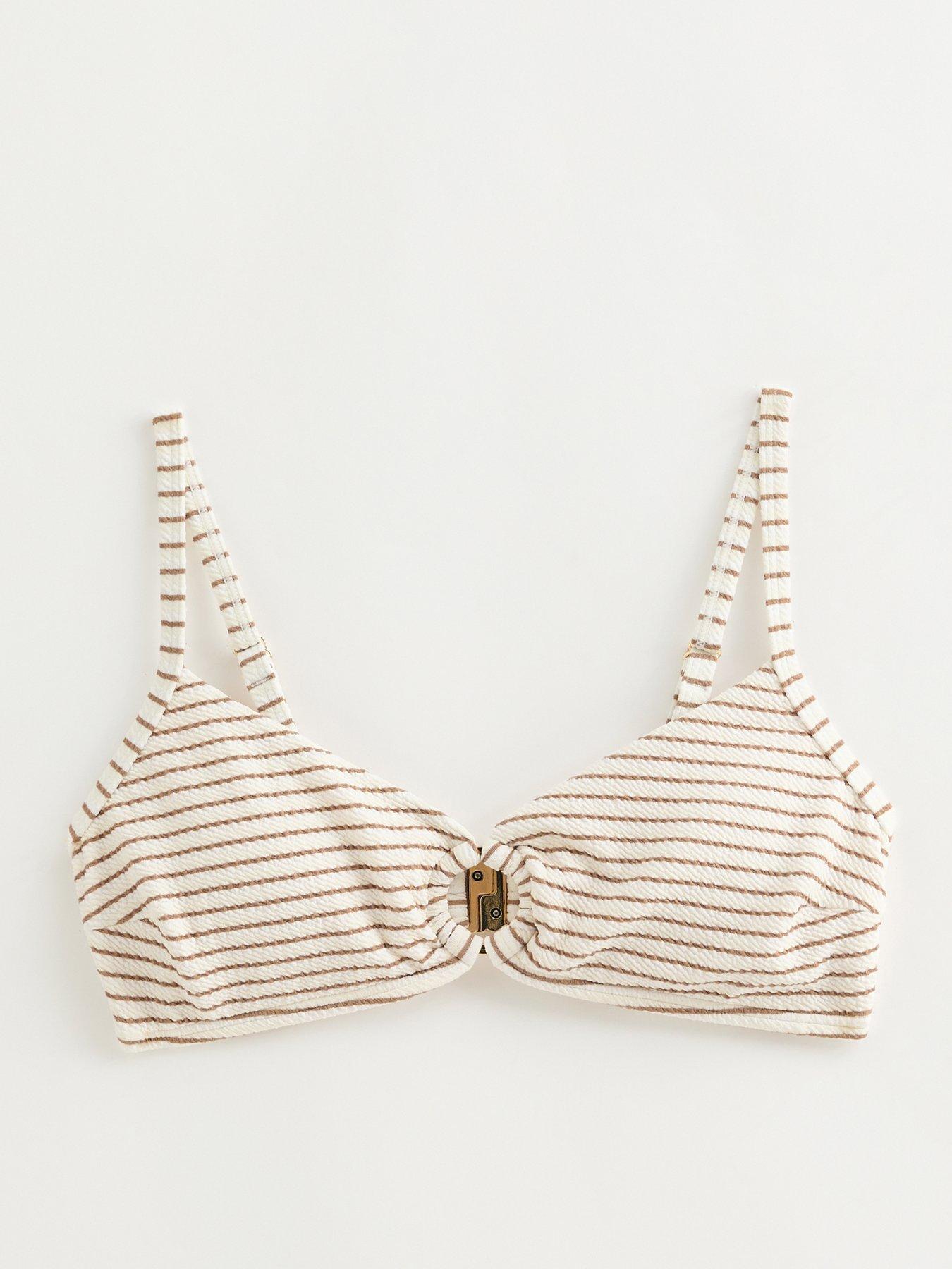Image 6 of 6 of New Look Striped Crinkled O Ring Bikini Top - White/Brown