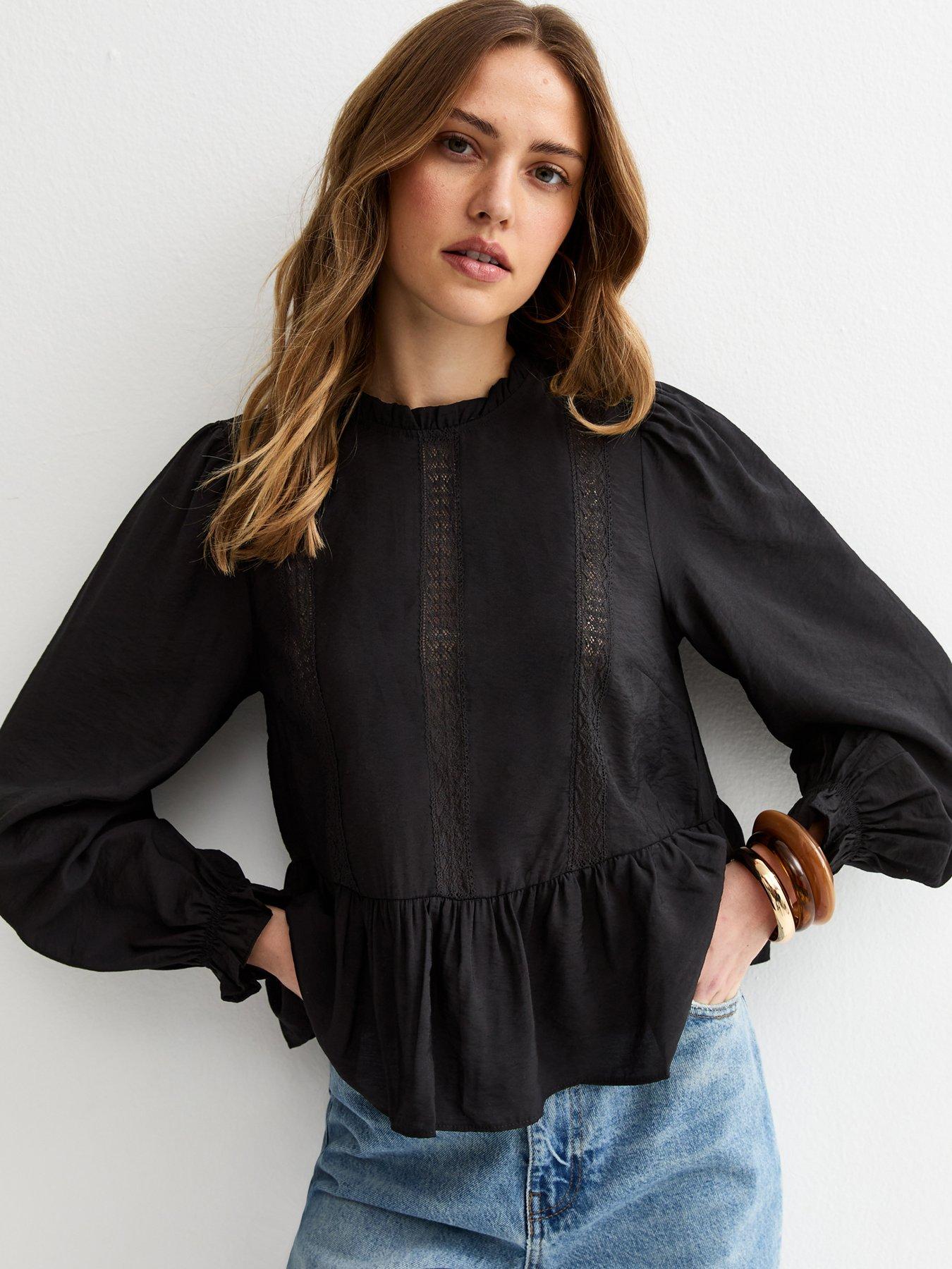  image of new-look-lace-insert-frill-neck-blouse-black