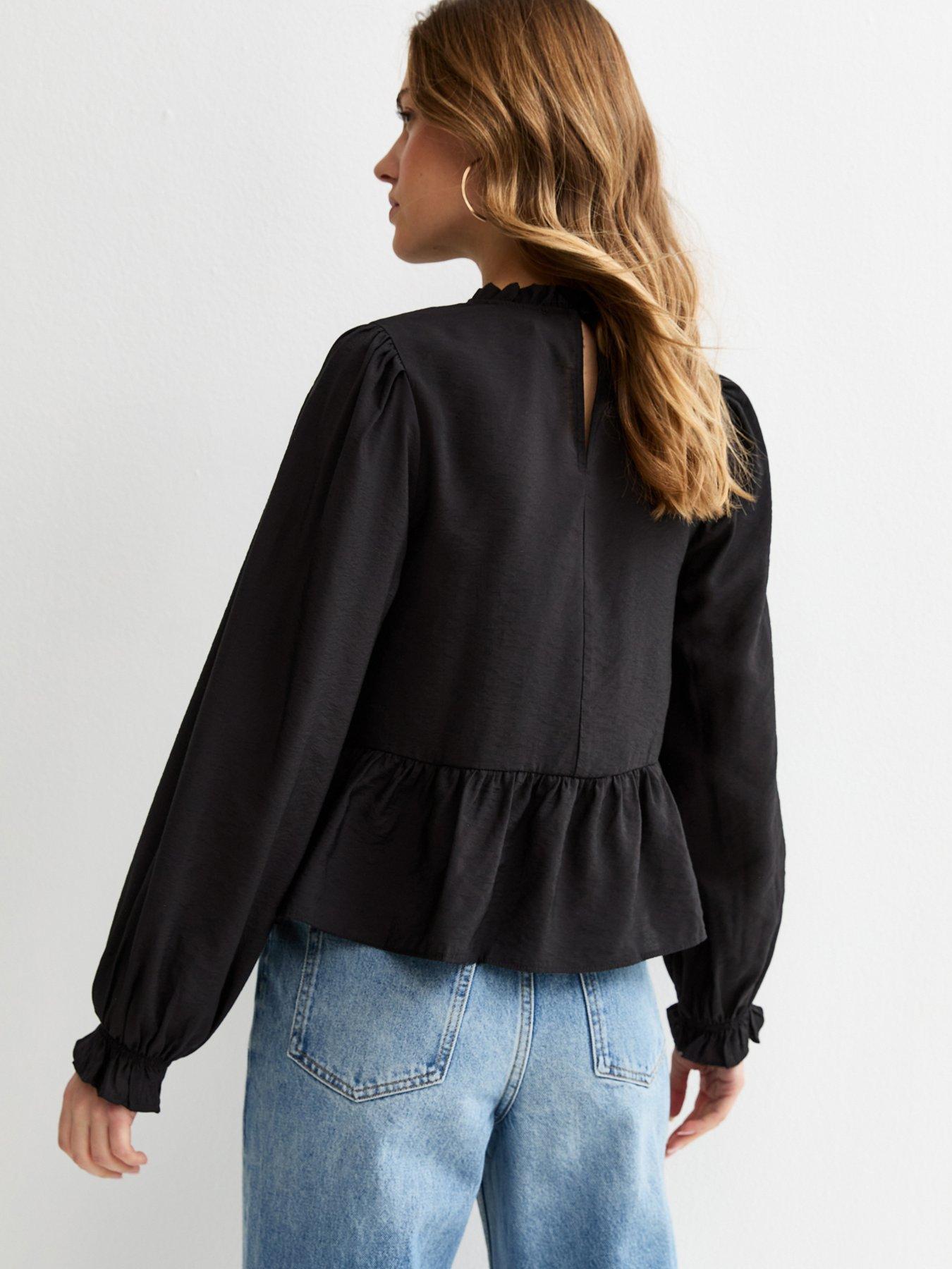  image of new-look-lace-insert-frill-neck-blouse-black