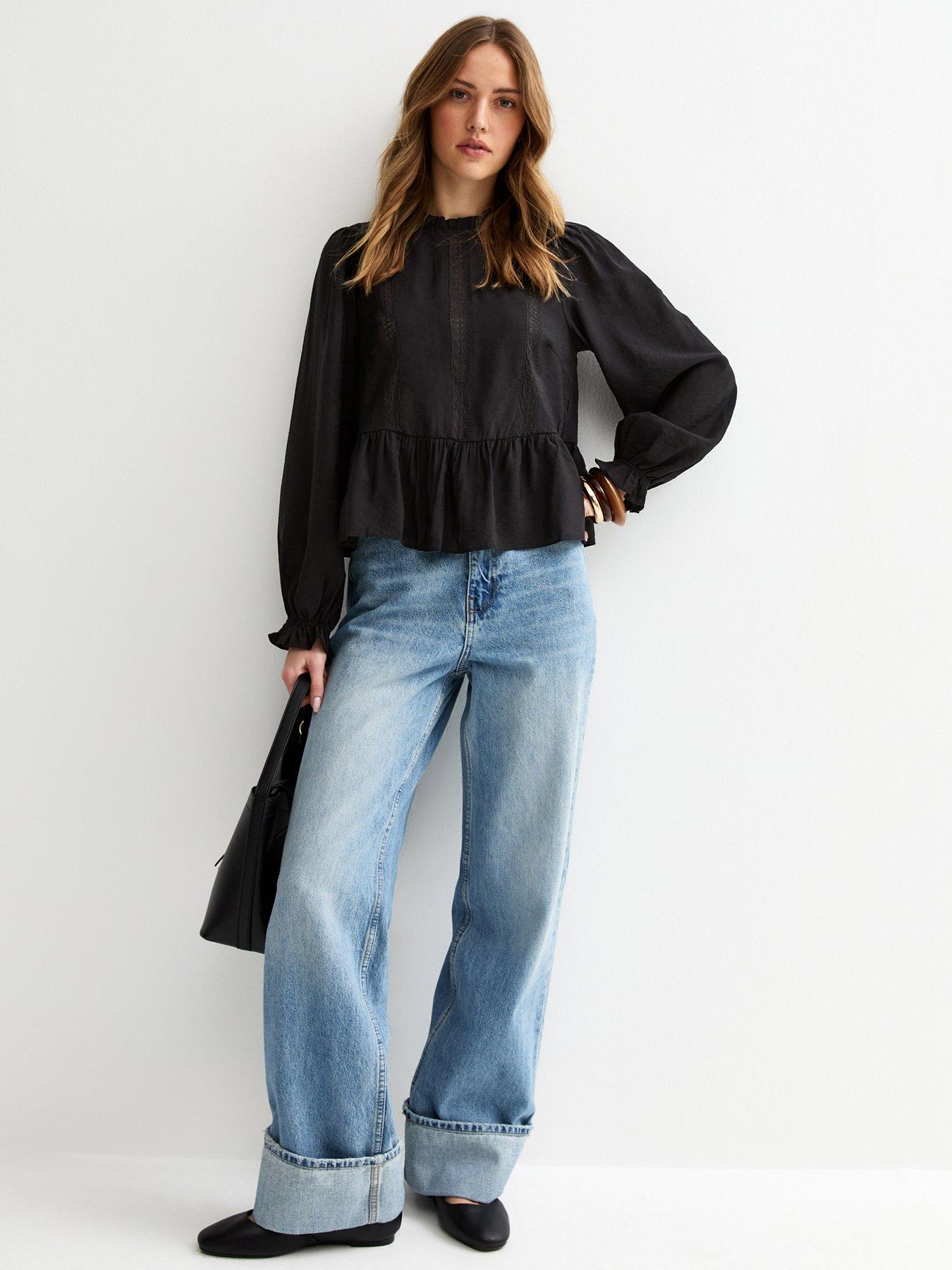  image of new-look-lace-insert-frill-neck-blouse-black