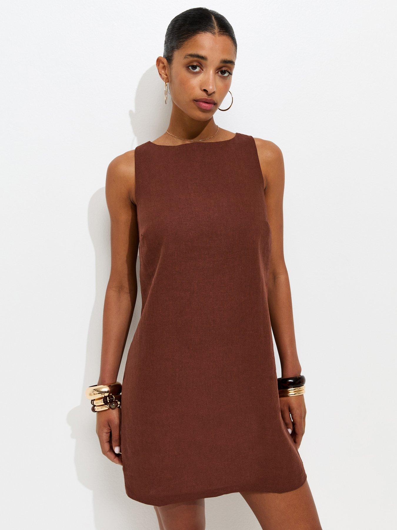 New Look Linen Blend Tie Back Mini Dress - Brown | Littlewoods