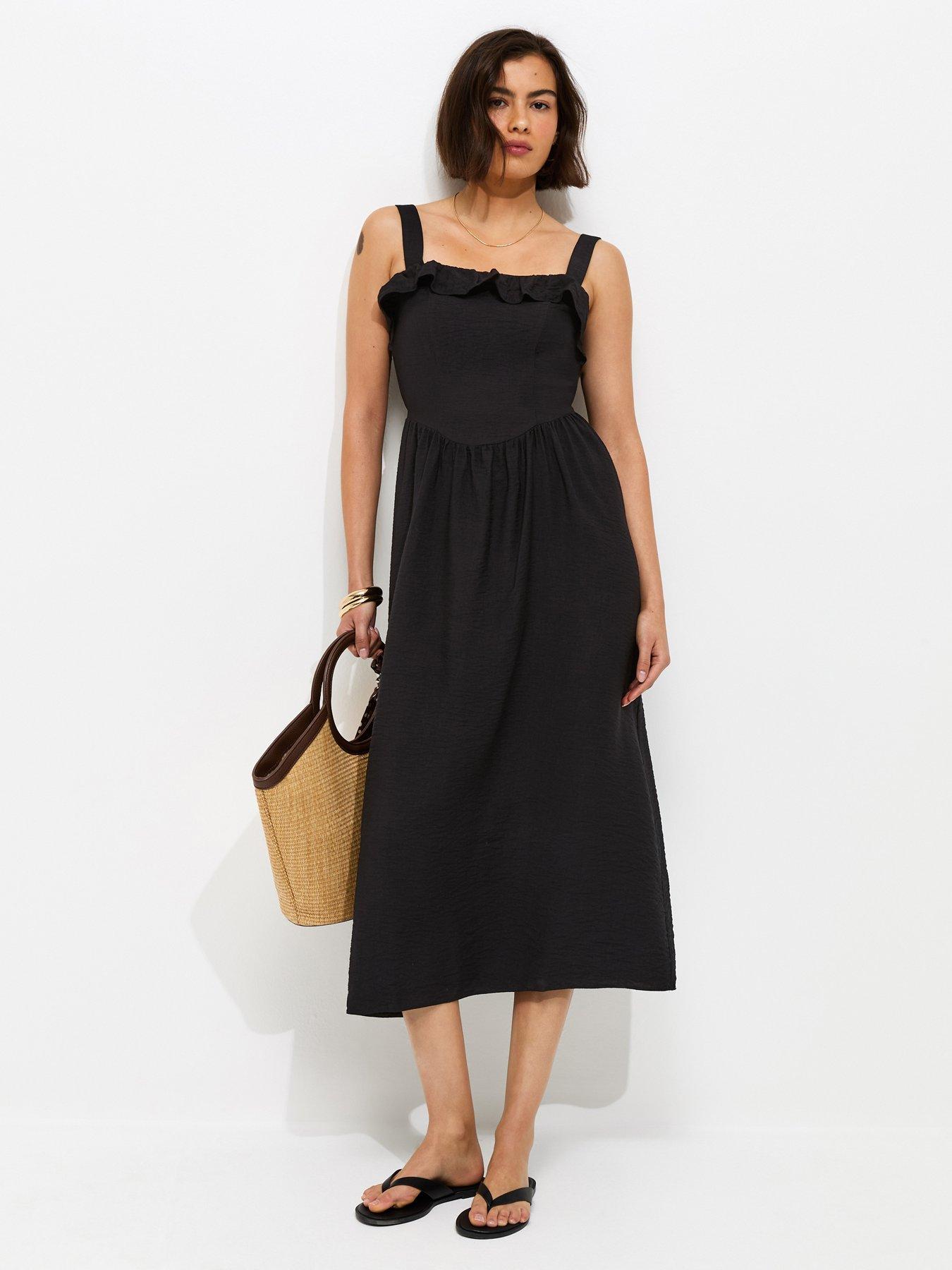New Look Square Neck Frilly Trim Midi Dress - Black