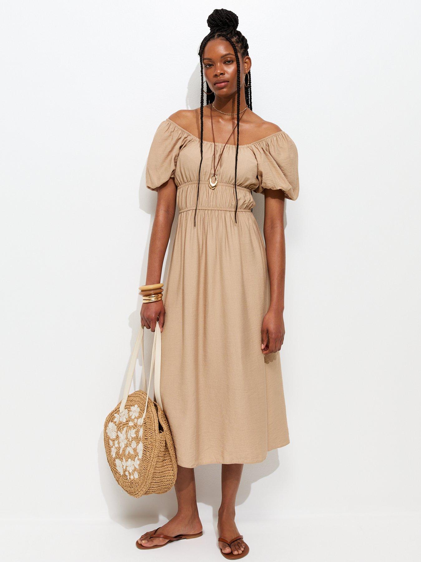 New Look Milkmaid Short Puff Sleeve Midi Dress - Camel | Littlewoods