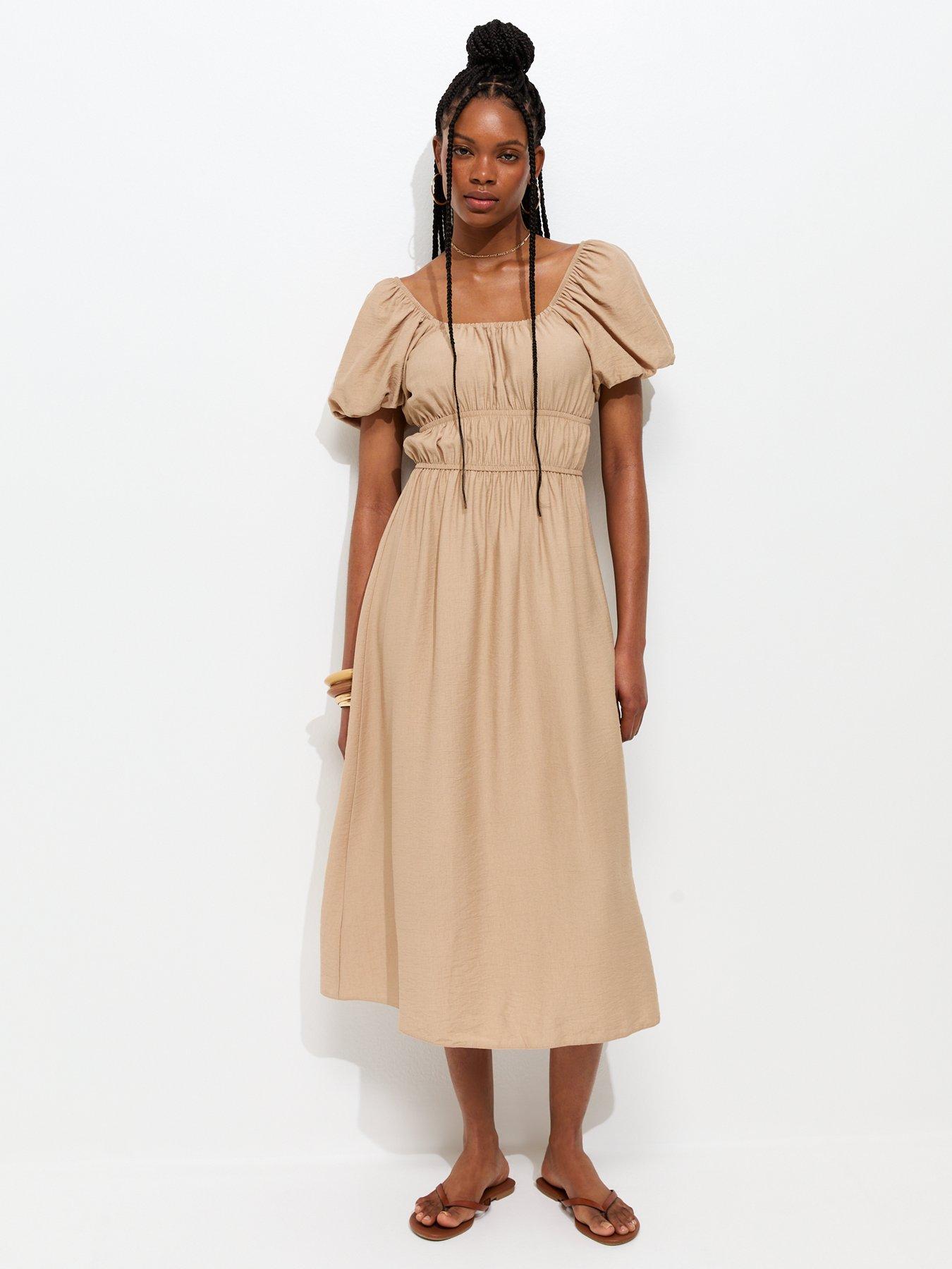 New Look Milkmaid Short Puff Sleeve Midi Dress - Camel | Littlewoods