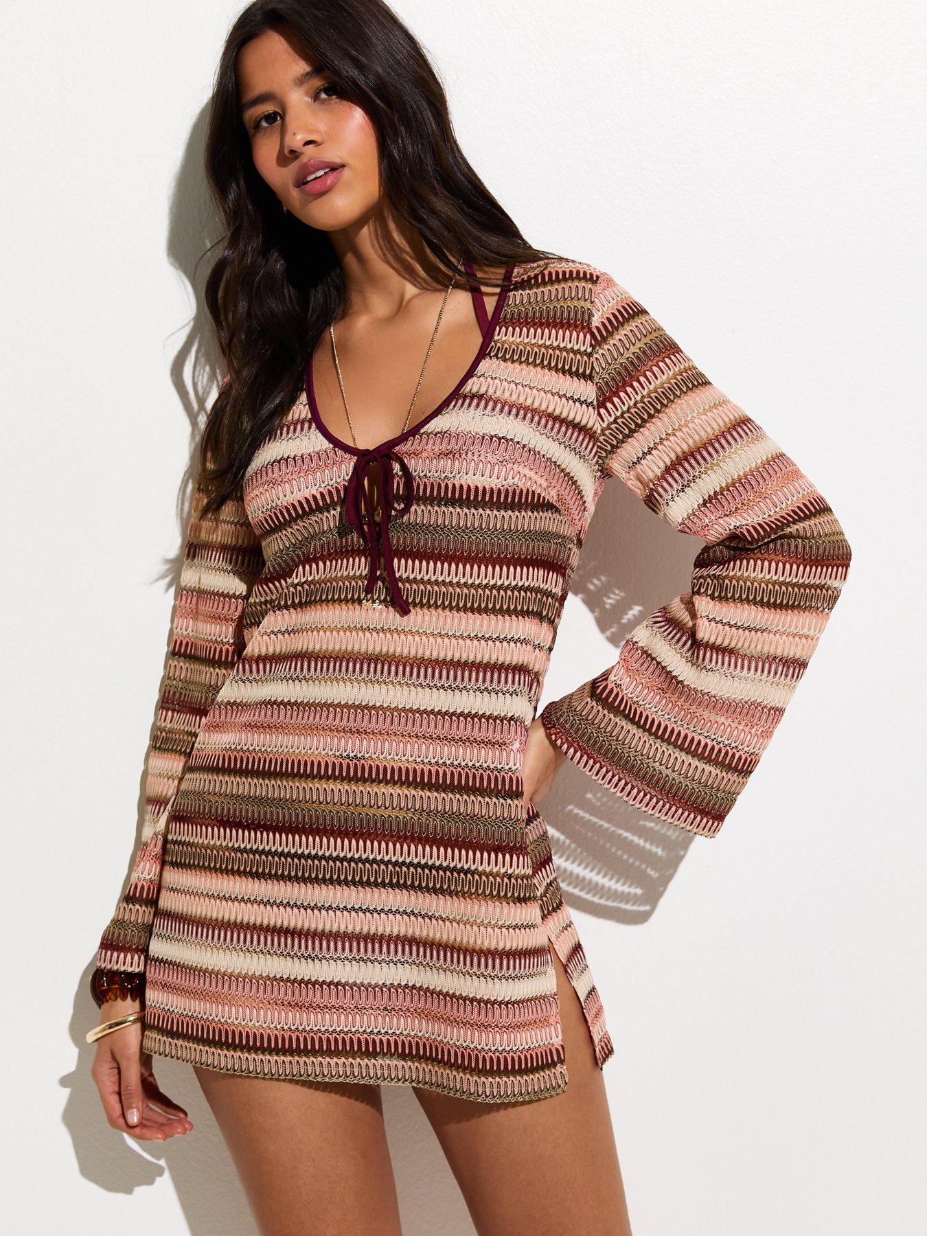 New Look Striped Crochet Kaftan Beach Mini Dress - Pink