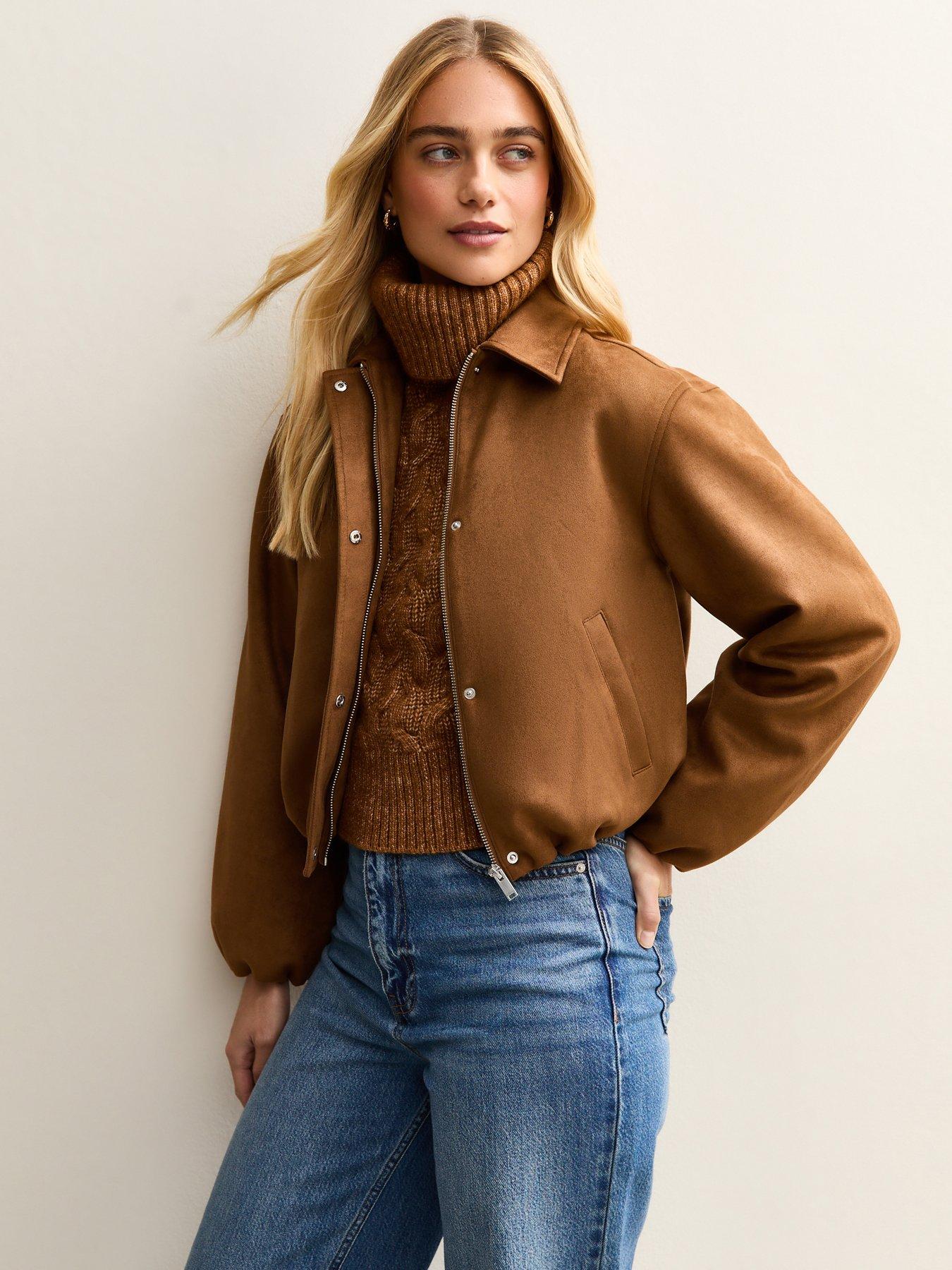 Image 1 of 6 of New Look Faux Suede Bubble Hem Jacket - Light Brown