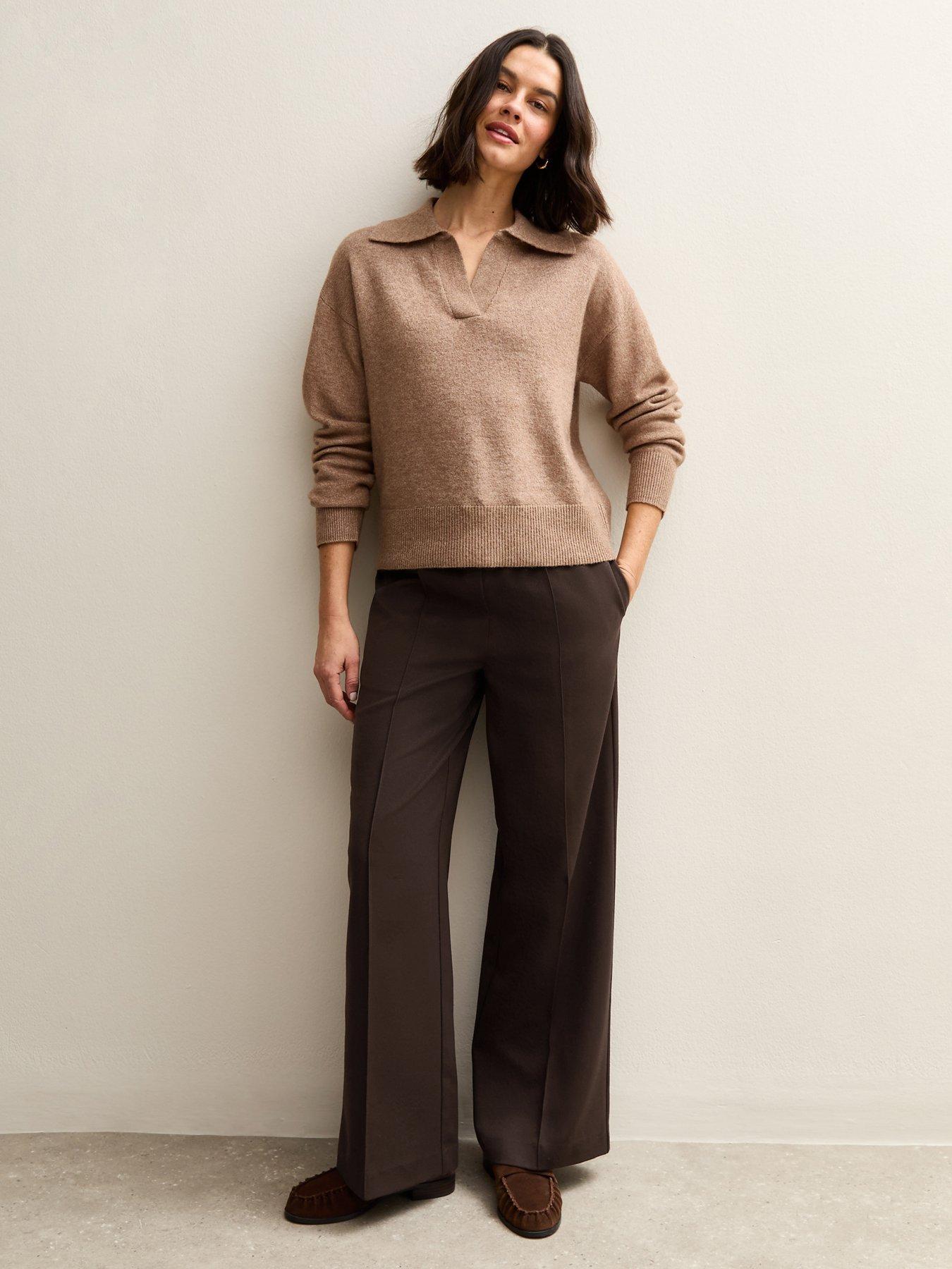  image of new-look-wide-leg-drawstring-trousers-brown