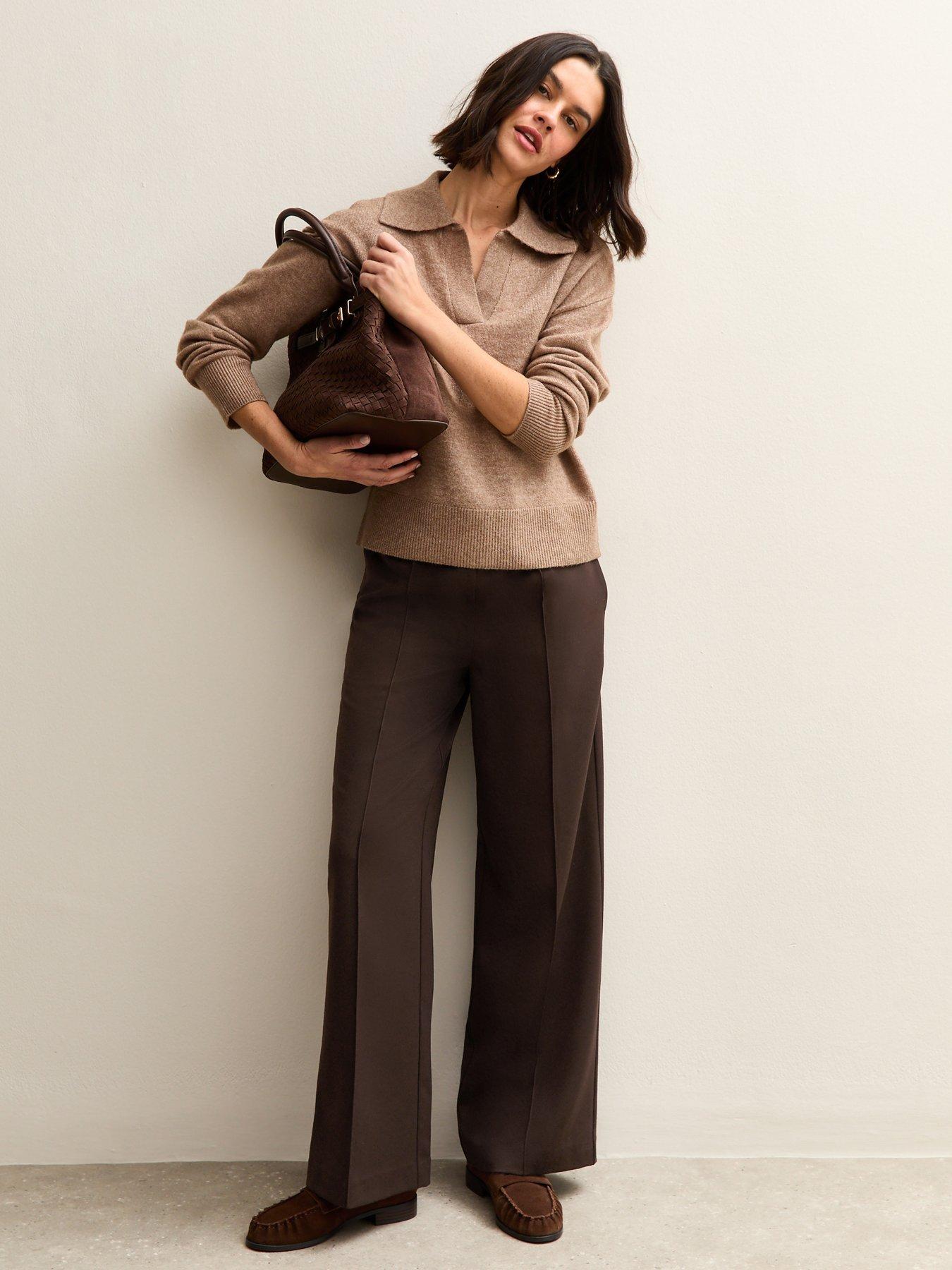  image of new-look-wide-leg-drawstring-trousers-brown