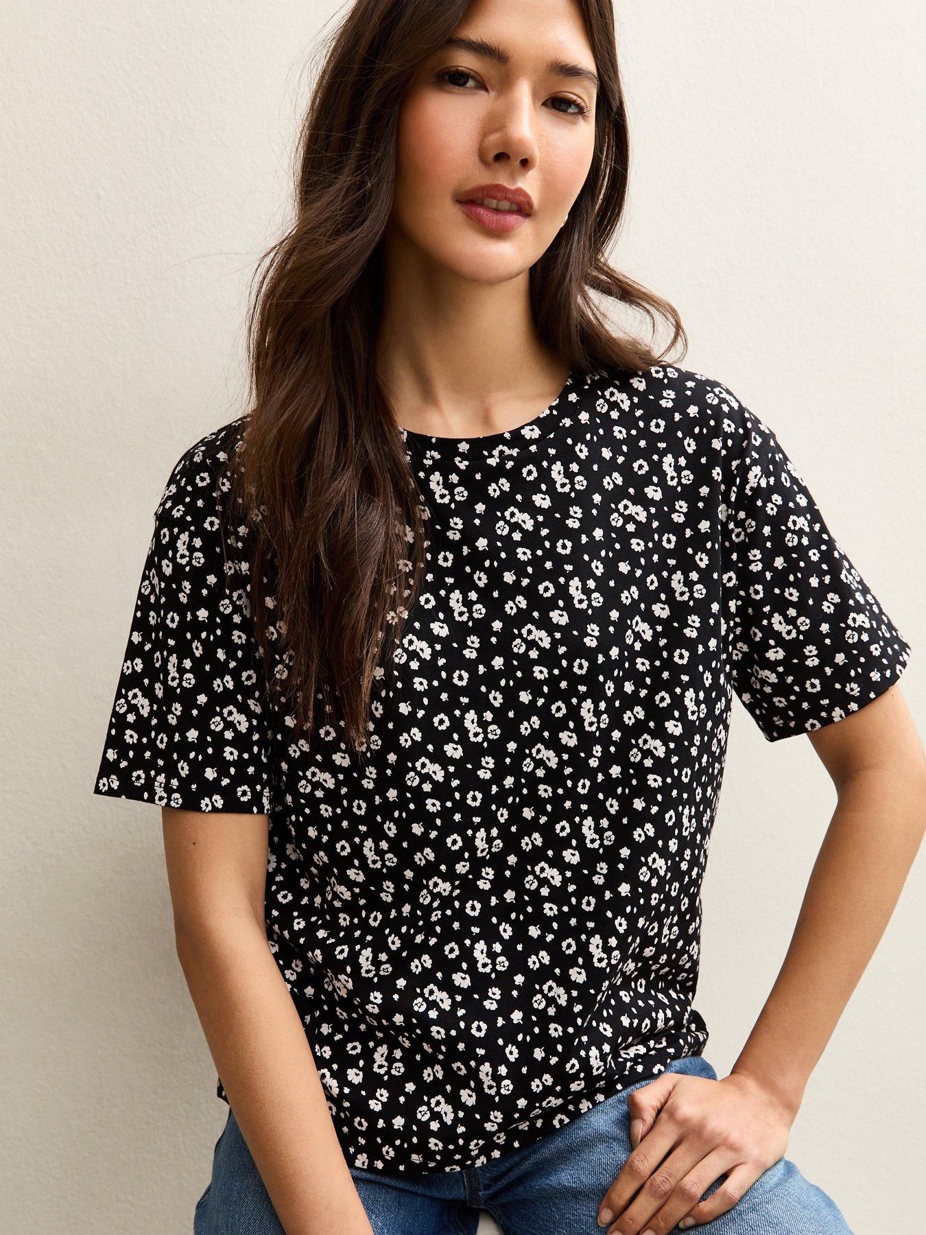 New Look Floral Cotton Crew Neck T-Shirt - Black